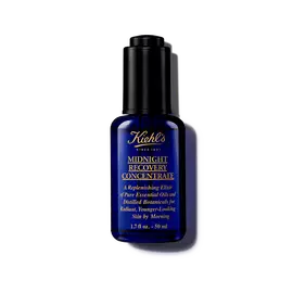 En 30 ml flaske Kiehl's Midnight Recovery Concentrate ansigtsolie mod en hvid baggrund.