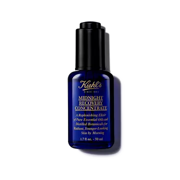 En 30 ml flaske Kiehl's Midnight Recovery Concentrate ansigtsolie mod en hvid baggrund.