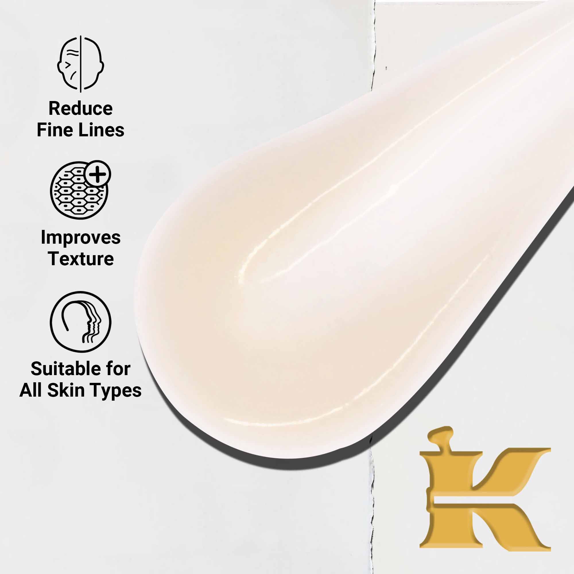 Taetbillede af Powerful-Strength Line-Reducing Concentrate-konsistens. Tekst fremhaever dens evne til at reducere fine linjer, forbedre tekstur og egnethed til alle hudtyper.