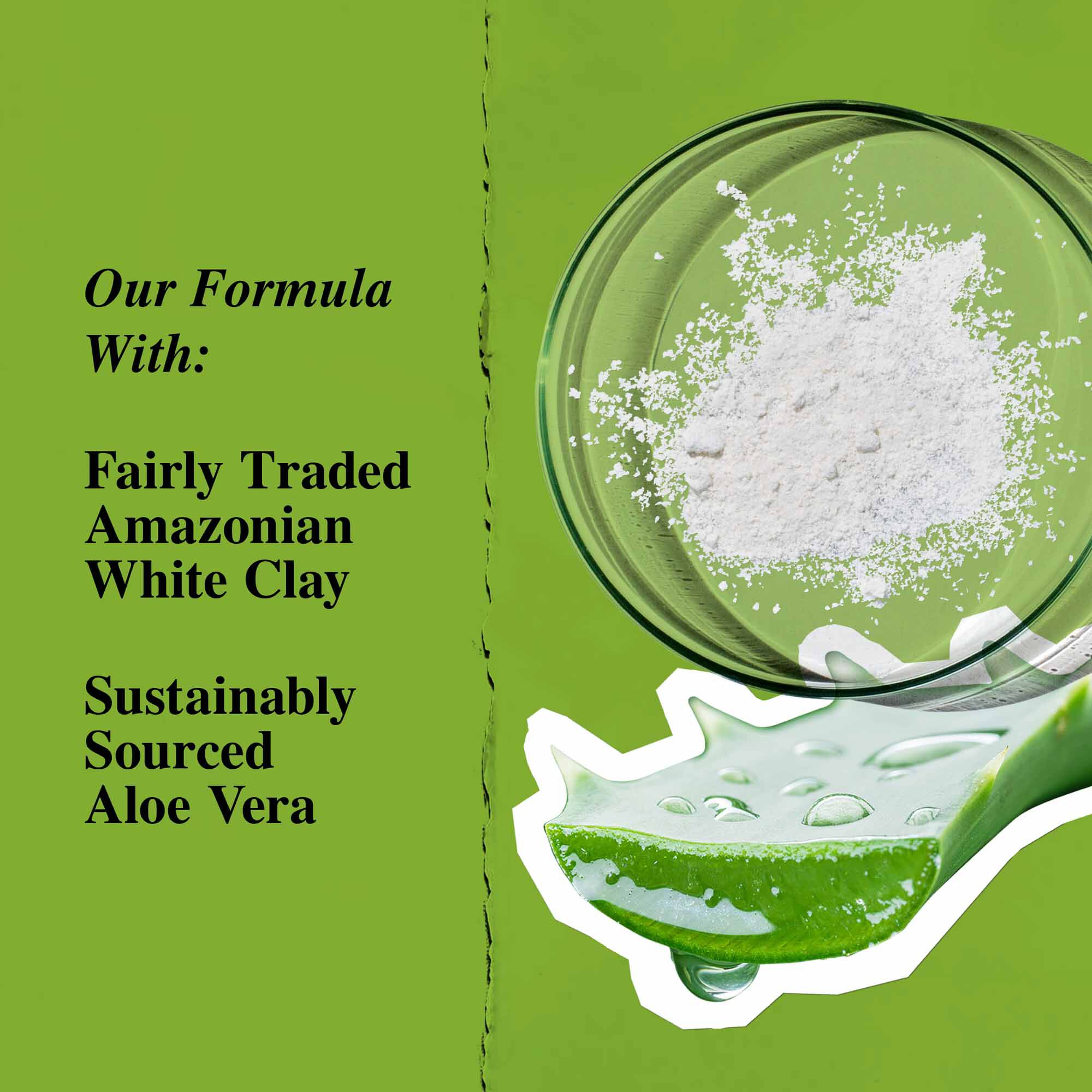 Grafik over nøgleingredienser: hvidt ler og aloe vera.