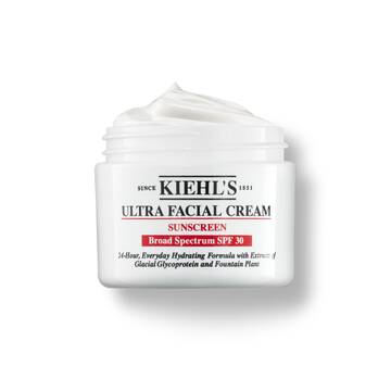 En 125 ml krukke med Kiehl's Ultra Facial Cream SPF 30 med pisket konsistens mod en hvid baggrund.
