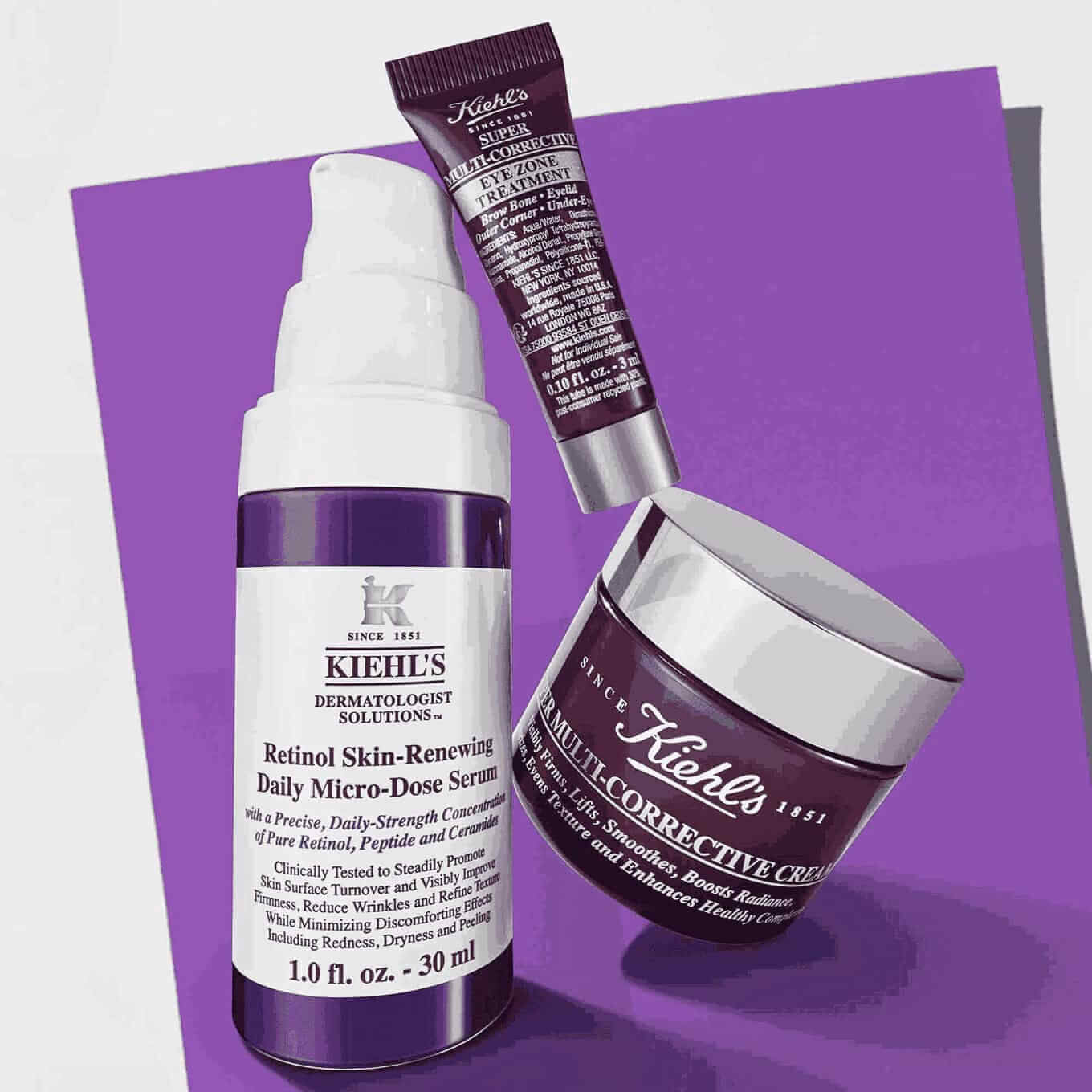 Kiehl's "Age-Less Experts" anti-aging set for face and eye, featuring a retinol serum, eye treatment, and multi-corrective cream.