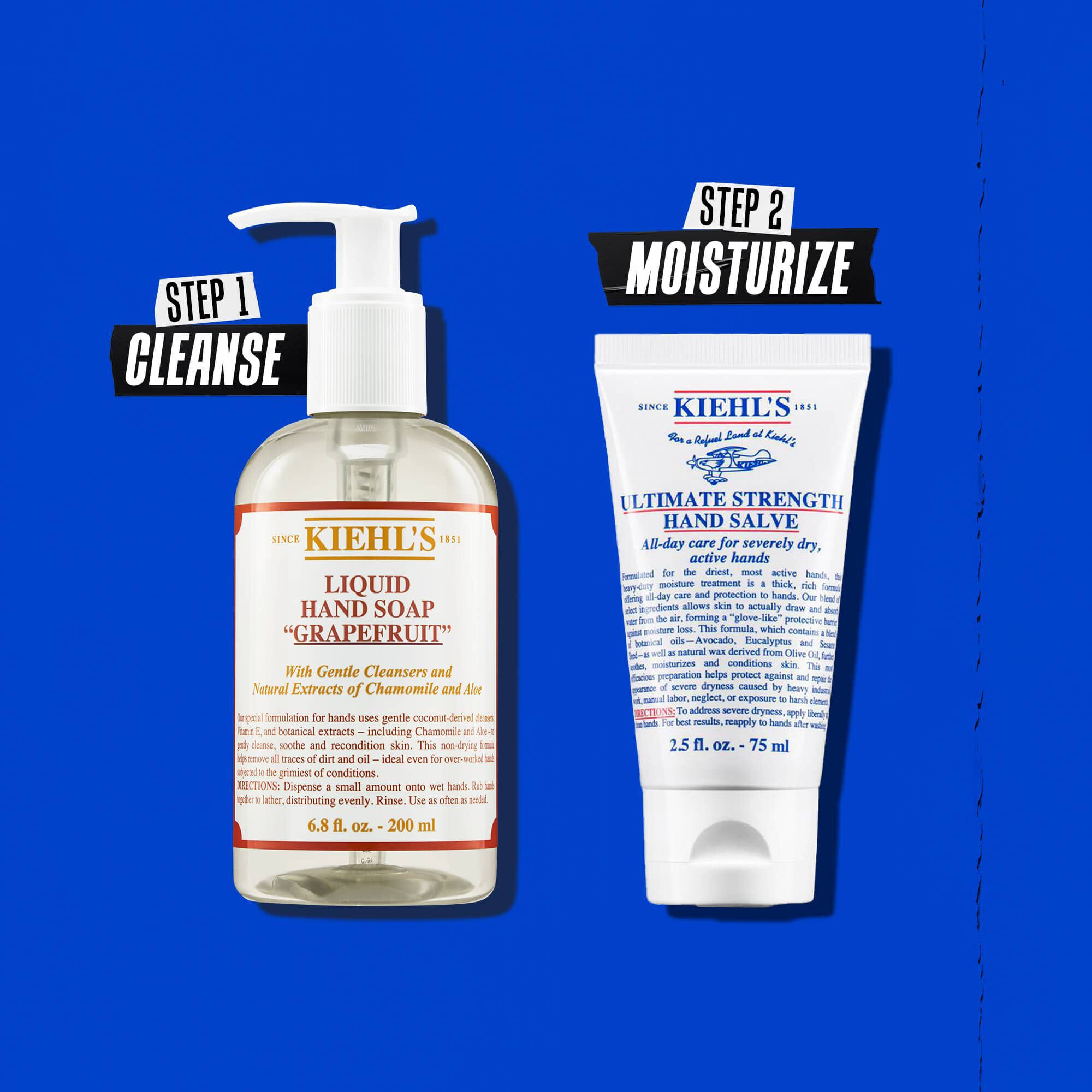 Illustration af rutine med Kiehl's Ultimate Strength Hand Salve – Rens, Fugt