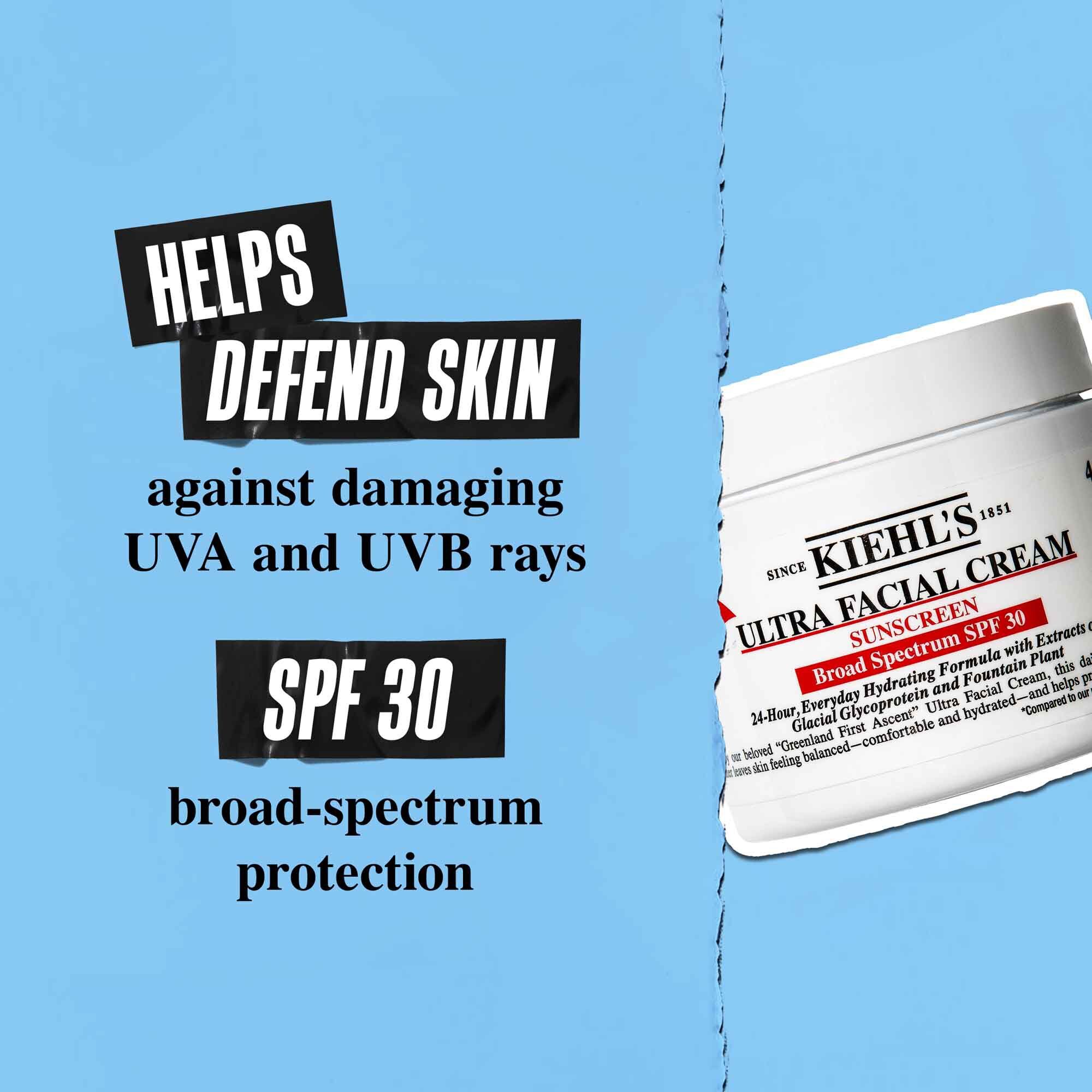 En krukke med Ultra Facial Cream SPF 30 mod en blå baggrund med teksten: "Hjaelper med at forsvare huden mod skadelige UVA- og UVB-stråler. SPF 30 bredspektret beskyttelse."
