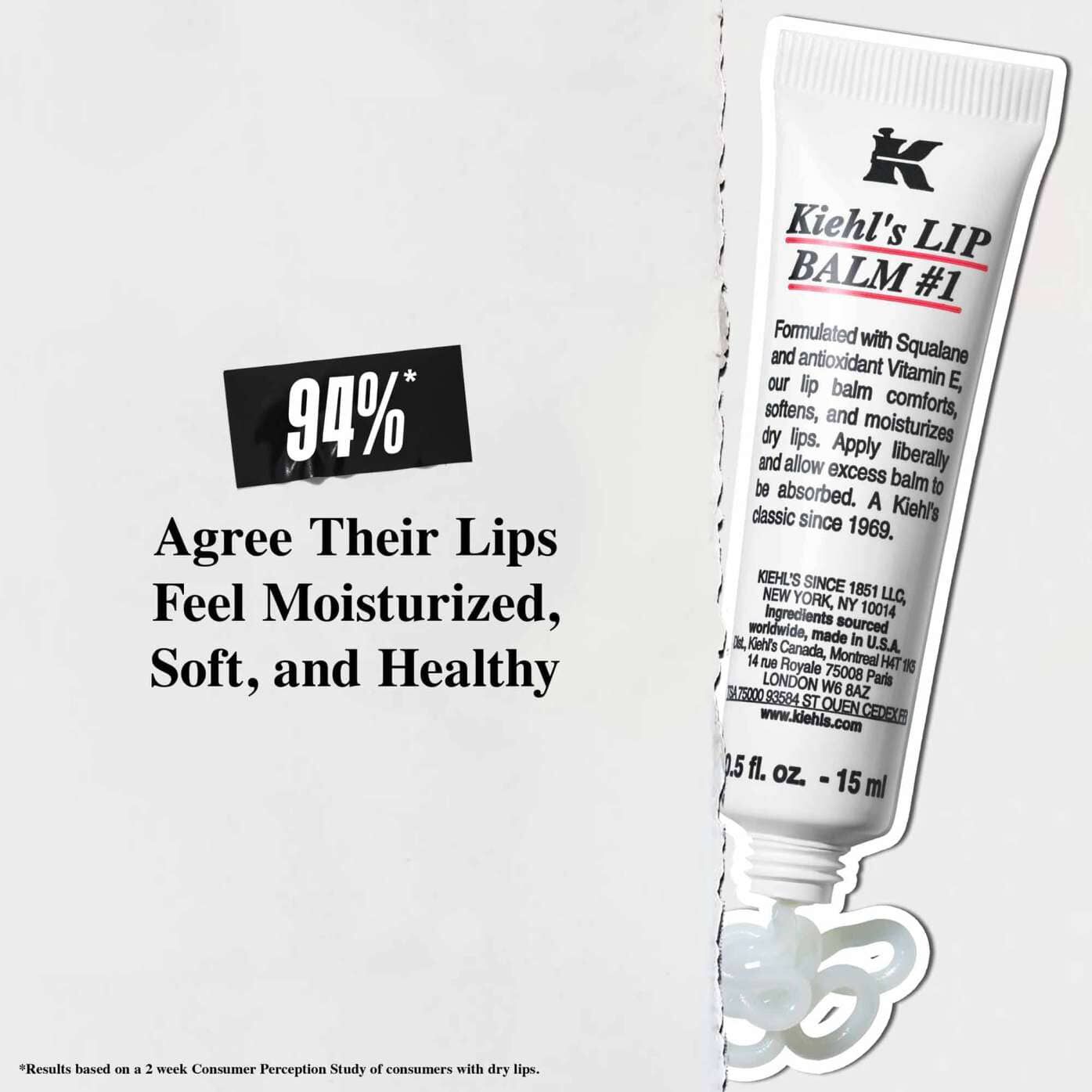 En tube Lip Balm #1 mod en hvid baggrund med teksten "94% er enige i, at deres laeber føles fugtede, bløde og sunde."