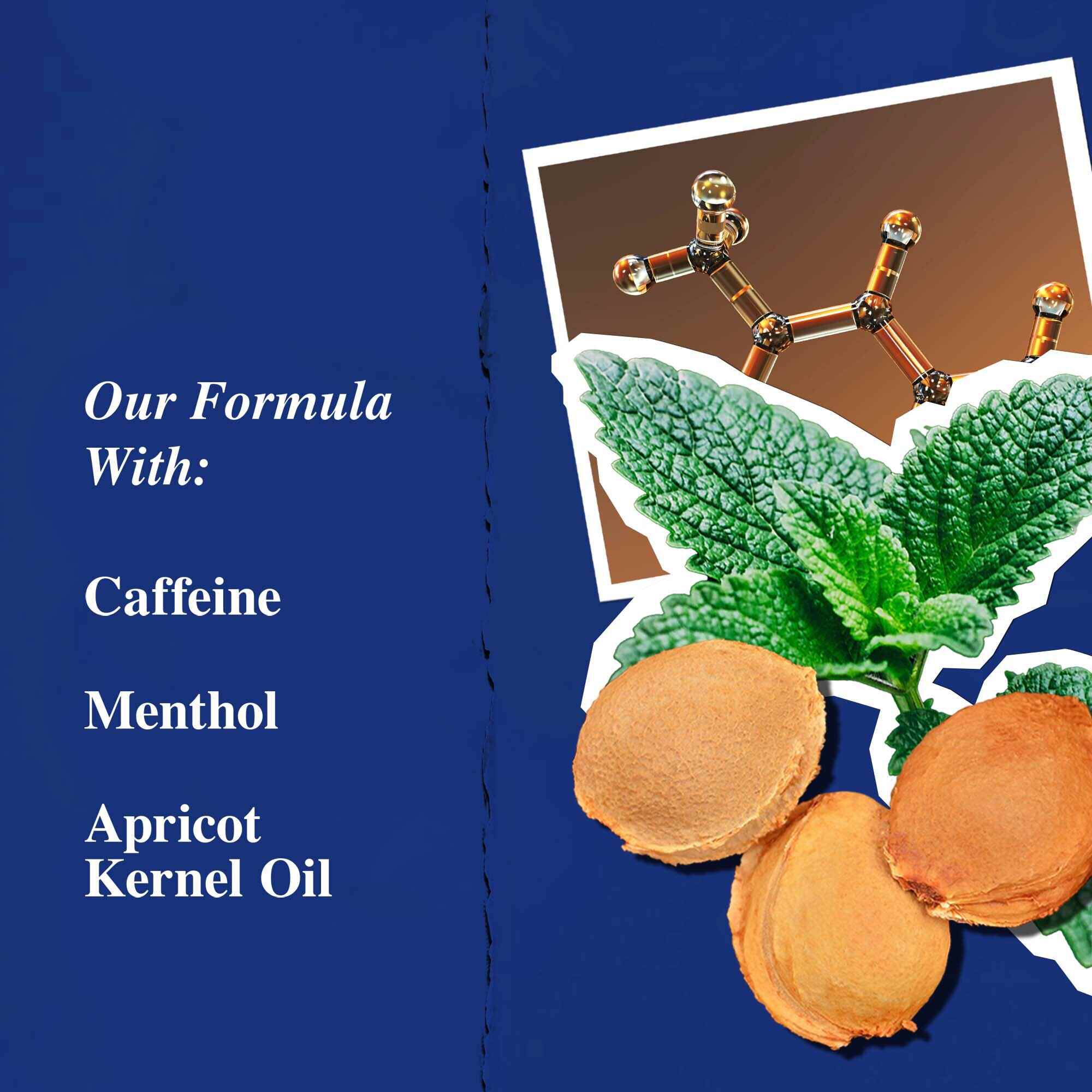 Grafik over nøgleingredienser: koffein, mentol og abrikoskerneolie.