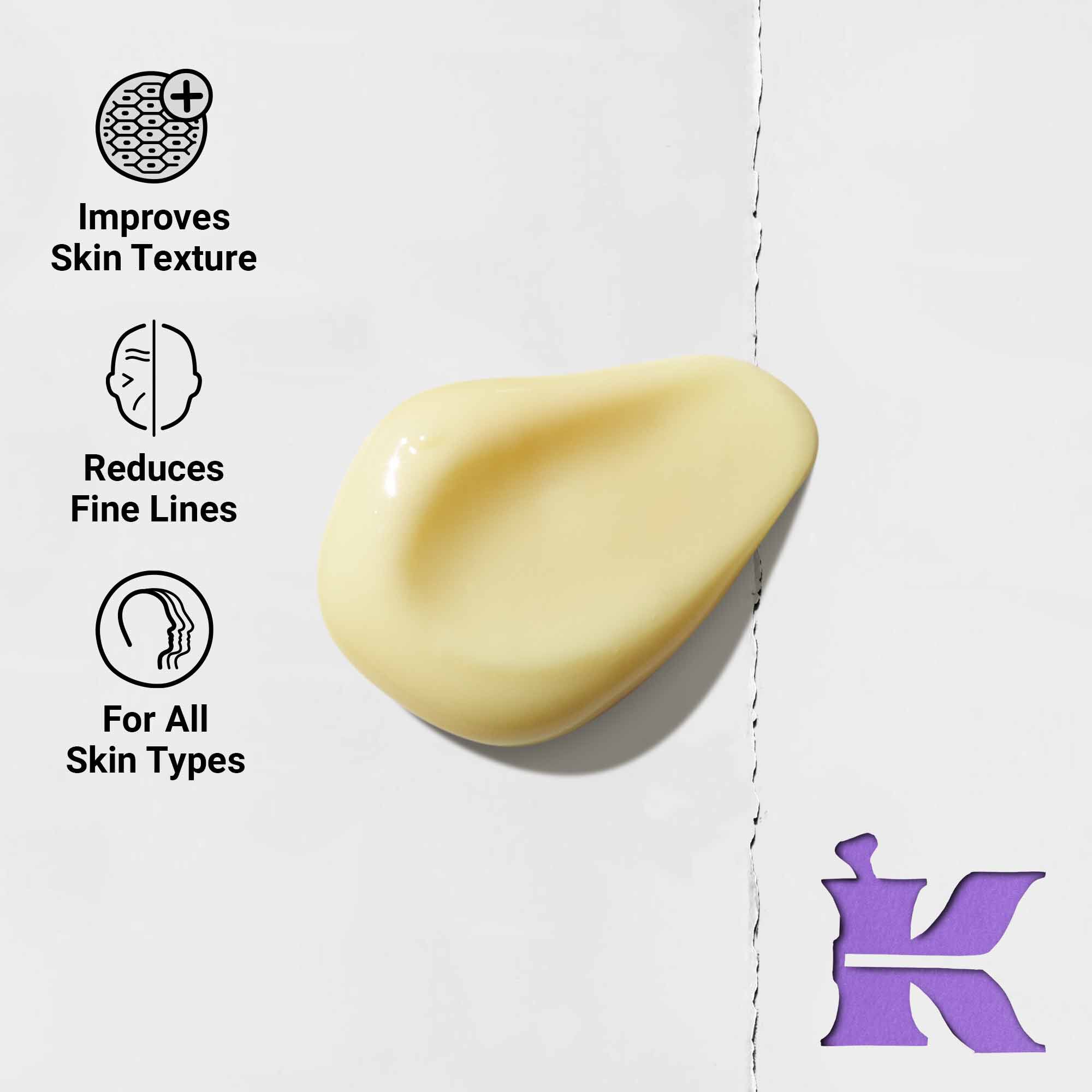 Foto af konsistens med ikoner, der angiver, at den reducerer fine linjer og er formuleret til alle hudtyper