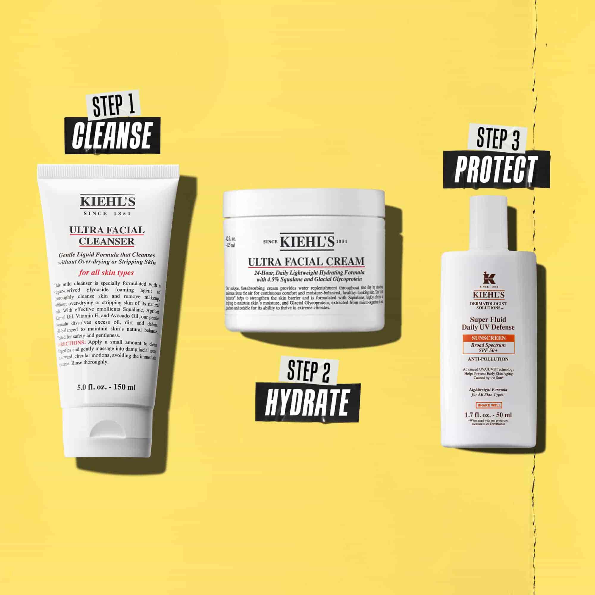 Tre Kiehl's produkter, der repraesenterer en rutine. Fra venstre mod højre: renseprodukt, fugtighedscreme og solcreme.