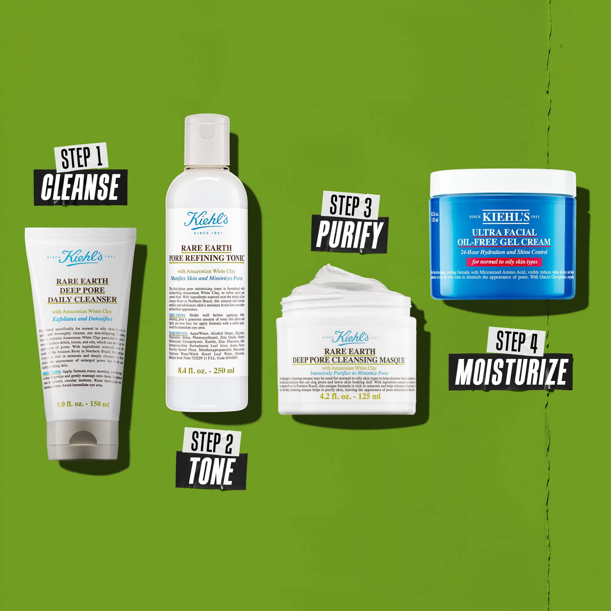 Fire Kiehl's produkter, der repraesenterer en hudplejerutine. Fra venstre mod højre: Rare Earth Deep Pore Cleanser, Rare Earth Pore Minimizing Lotion, Rare Earth Pore Cleansing Masque og Ultra Facial Oil-Free Gel Cream.