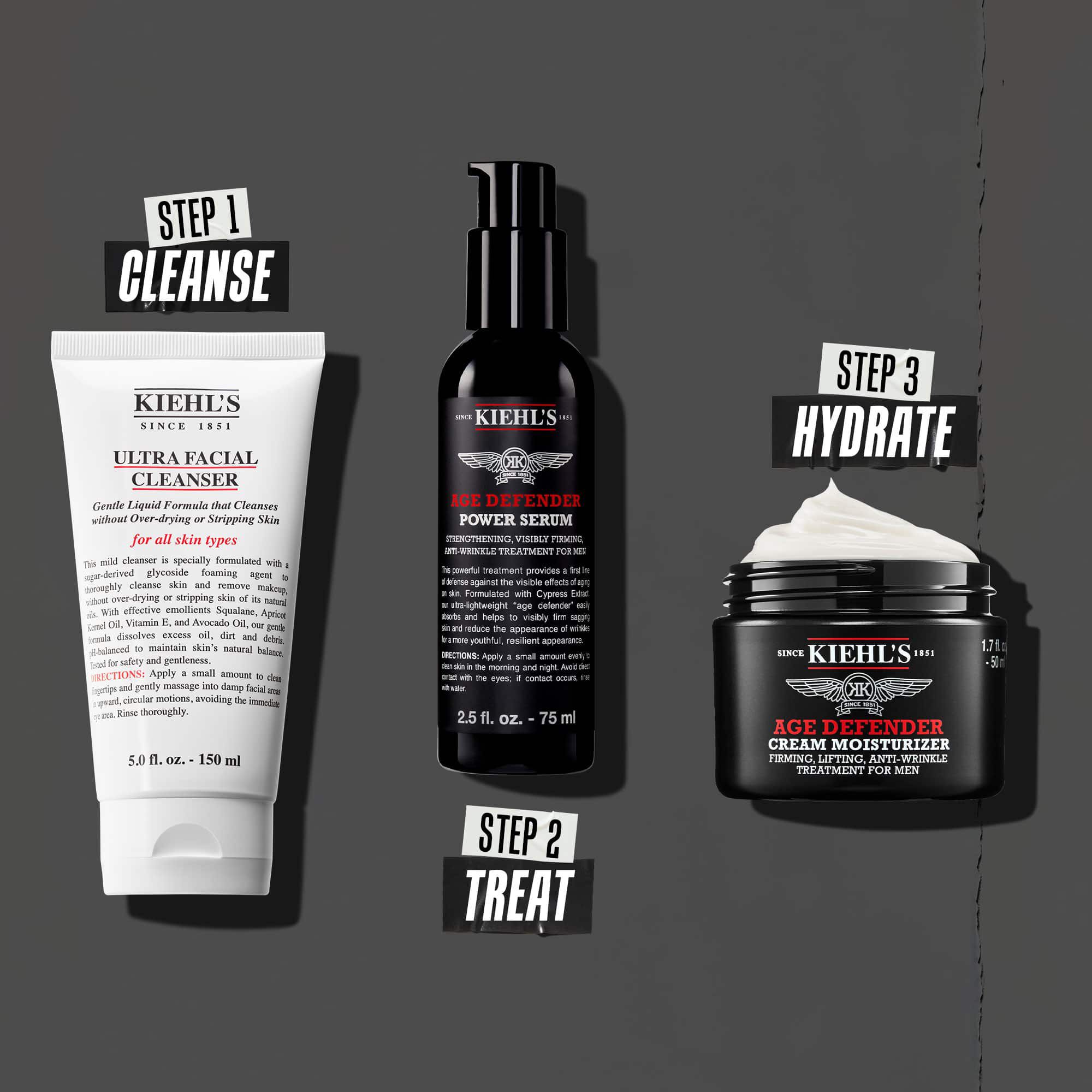 Tre-trins Age Defender-rutine: Trin 1: Behandl øjne. Trin 2: Fugtserum. Trin 3: Genopbyggende creme.