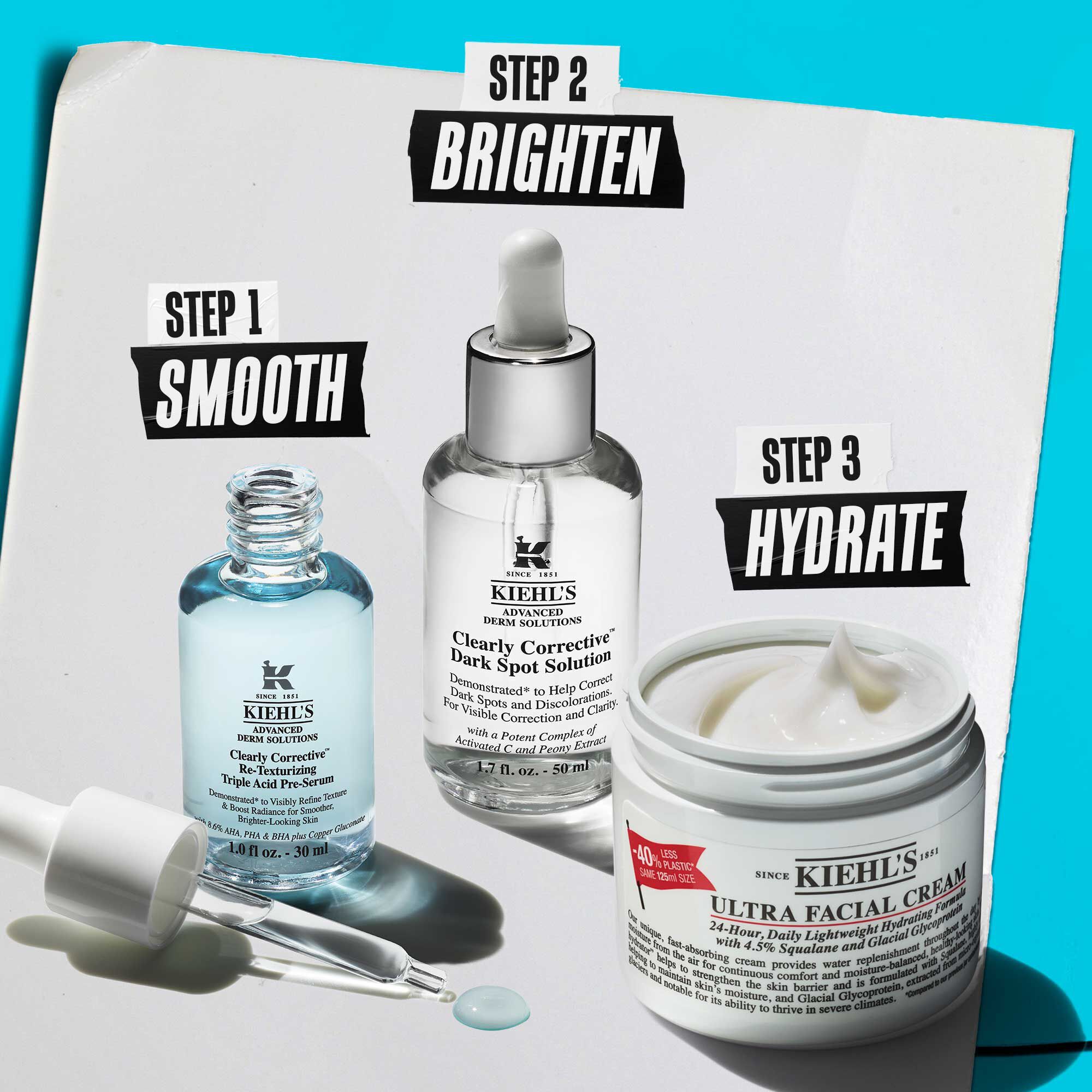 To Kiehl's produkter på en hvid overflade med en blå baggrund: Clearly Corrective Triple Acid Peel og Retinol Skin-Renewing Daily Micro-Dose Serum.