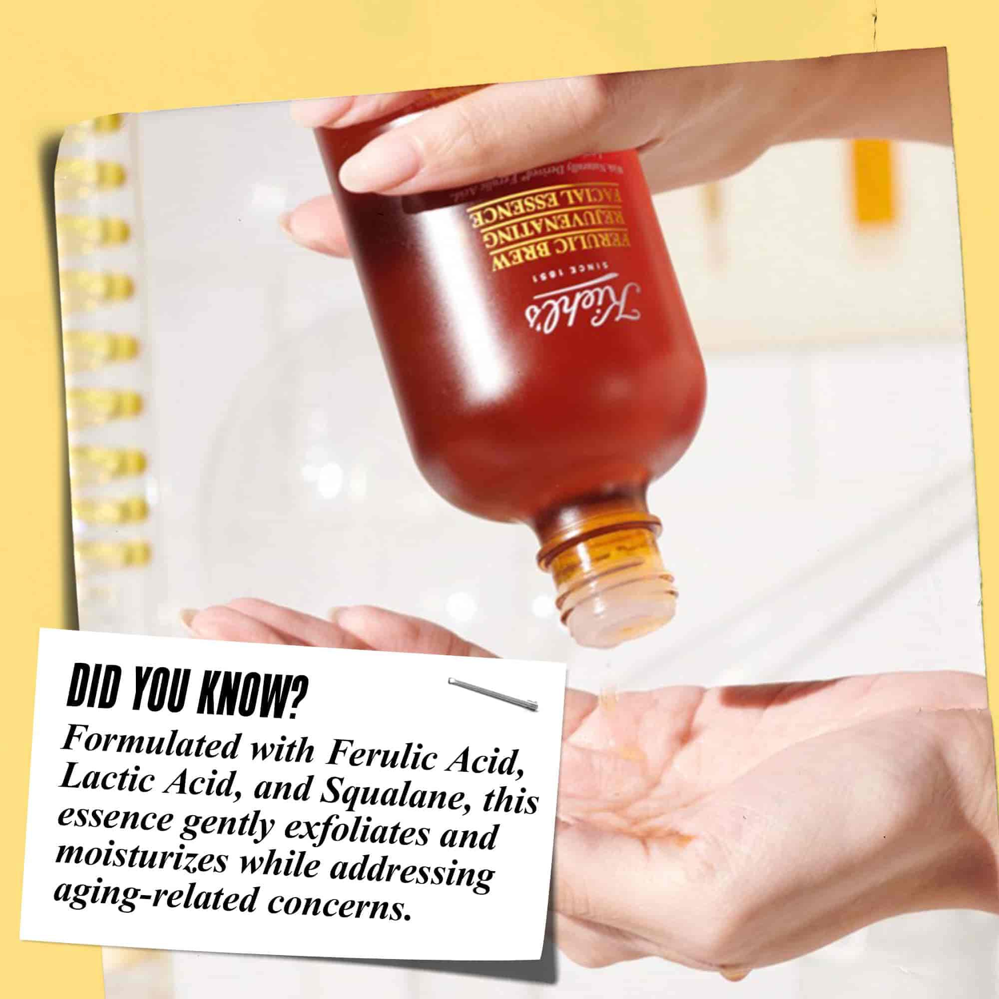 A graphic featuring  pouring liquid from a bottle into the palm of another hand. A box reads: "DID YOU KNOW? Formulated with Ferulic Acid, Lactic Acid, and Squalane, this essence gently exfoliates and moisturizes while addressing aging-related concerns."