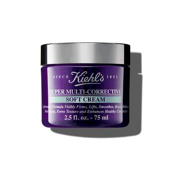 A graphic featuring a purple jar of Kiehl's Super Multi-Corrective Soft Cream with a silver lid and a label with white text that reads “75 ml".