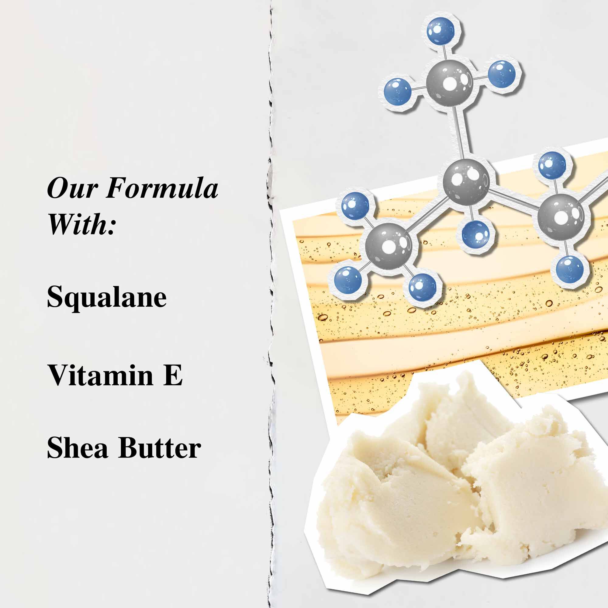 En grafik, der fremhaever nøgleingredienserne i Lip Balm #1: Sheasmør, Squalane og E-vitamin.