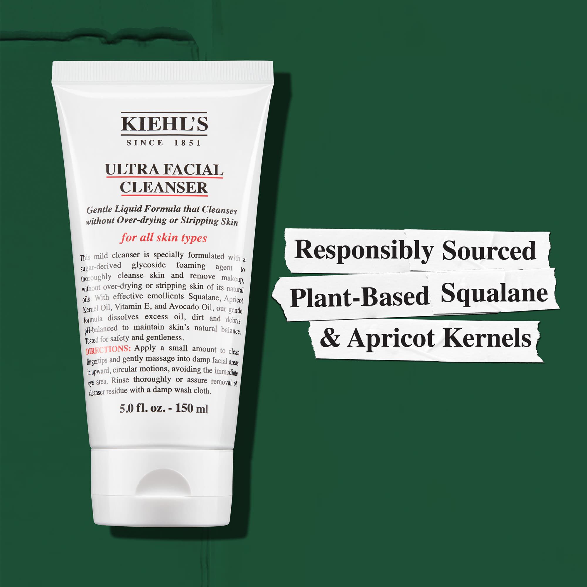 Kiehl's Ultra Facial Cleanser bruger ansvarligt indkøbt plantebaseret squalane og abrikoskerner