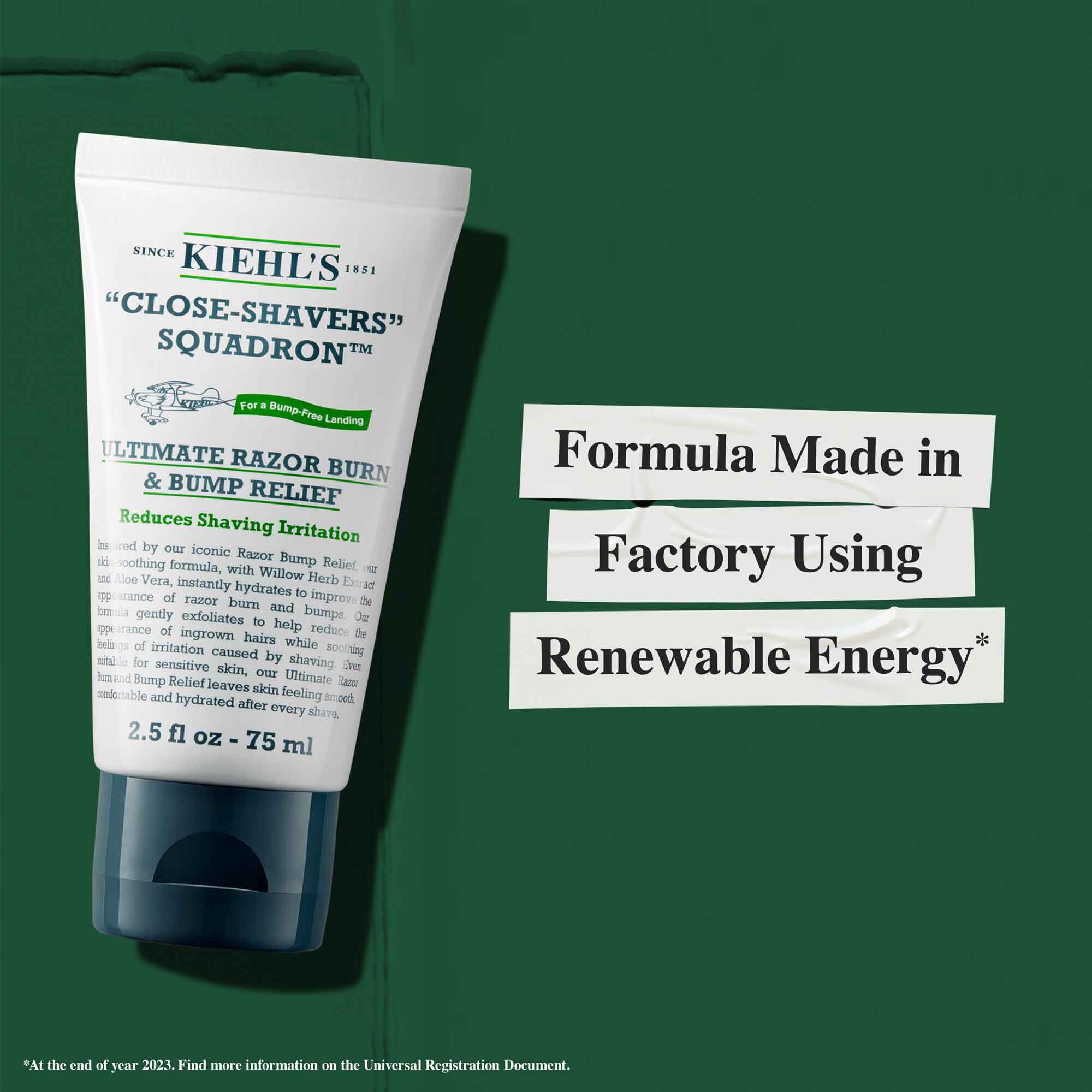 Tube med Close Shavers Squadron Smooth Glider Precision Shave Lotion med baeredygtighedsinformation: "Formel produceret på en fabrik, der bruger vedvarende energi."