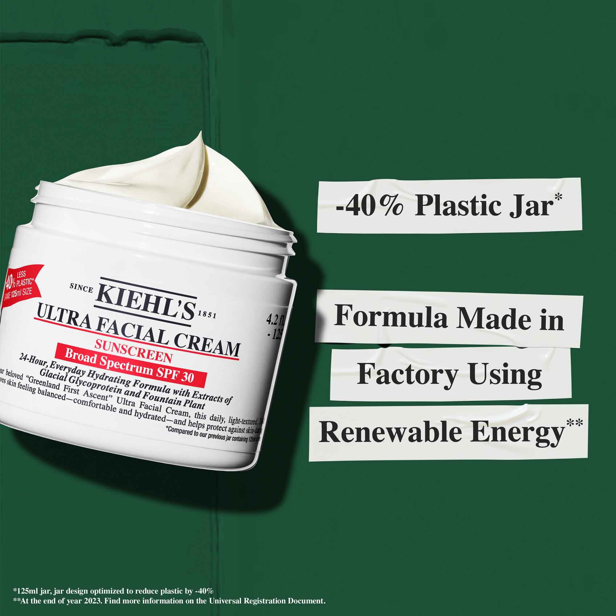 En krukke med Ultra Facial Cream SPF 30 med tekst, der fremhaever baeredygtighed: "-40% plastik krukke" og "Formel produceret på en fabrik, der bruger vedvarende energi."