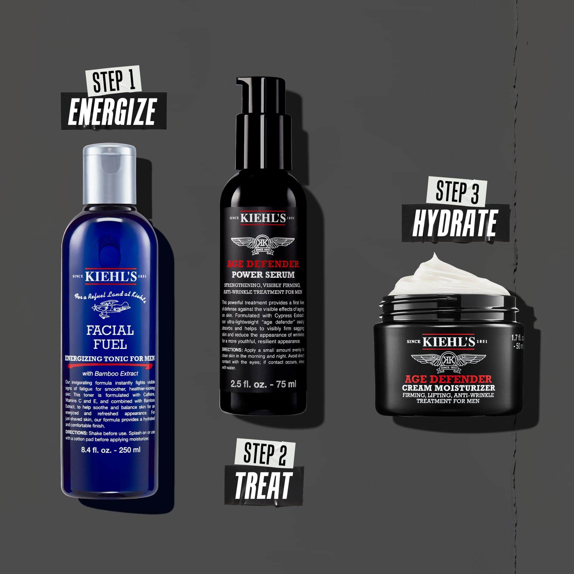 Tre-trins Age Defender-rutine: Trin 1: Behandl øjne. Trin 2: Fugtserum. Trin 3: Genopbyggende creme.