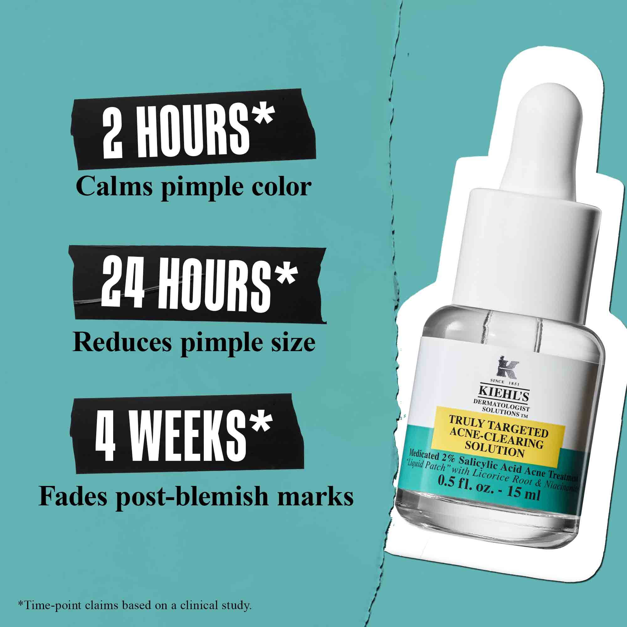 En flaske Truly-Targeted Blemish-Clearing Solution mod en grøn baggrund med teksten "2 timer* Beroliger bumsefarve", "24 timer* Reducerer bumsernes størrelse" og "4 uger* Falmer maerker efter urenheder".