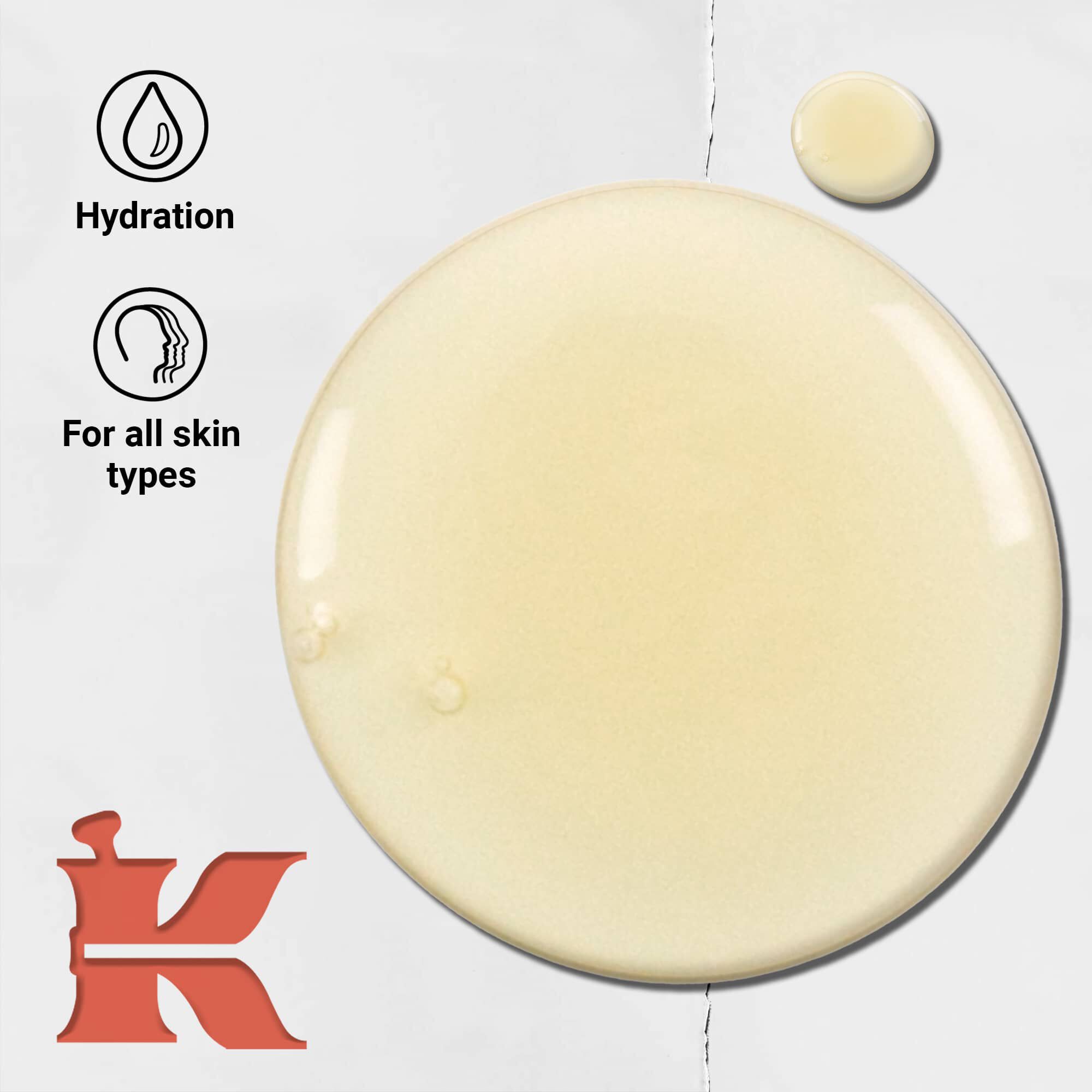 Foto af Grapefruit Liquid Body Cleanser-konsistens med ikoner, der angiver fugt og er til alle hudtyper