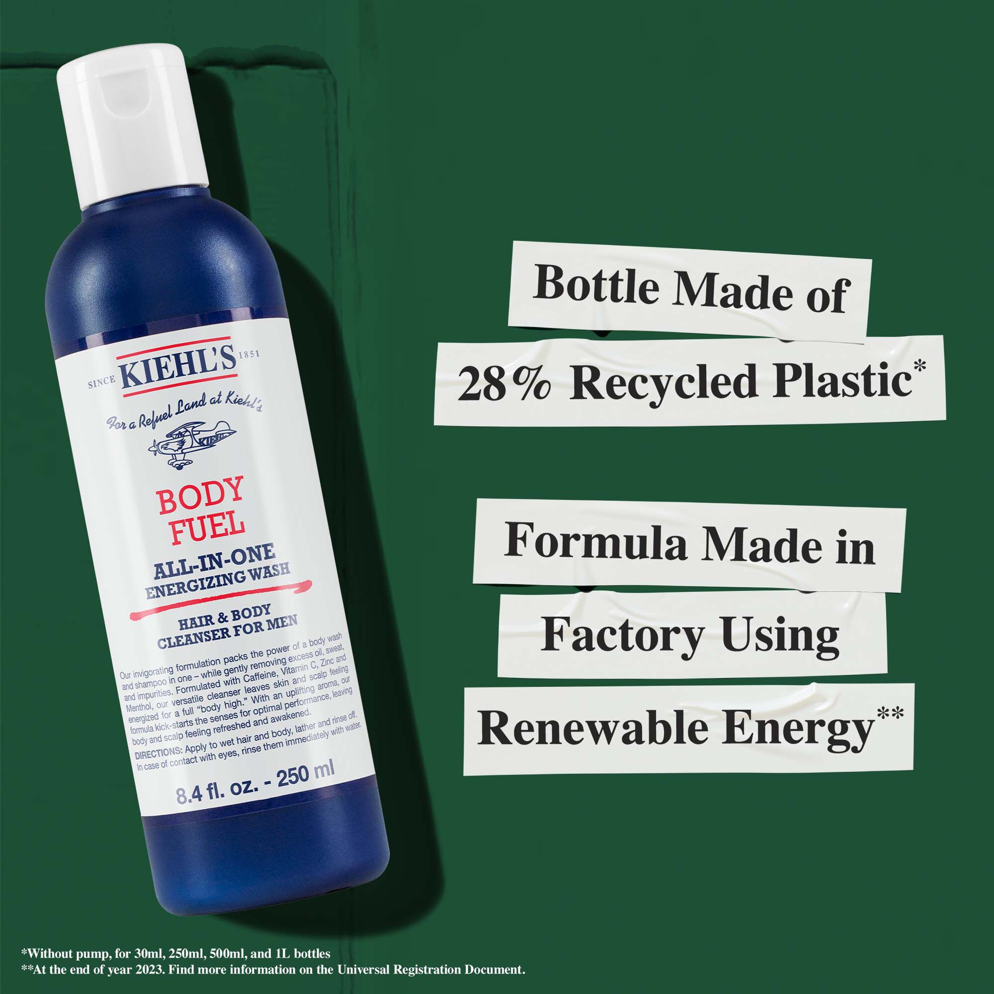 Body Fuel-flaske fremstillet af 28 % genbrugsplast; formel produceret på en fabrik, der bruger vedvarende energi.