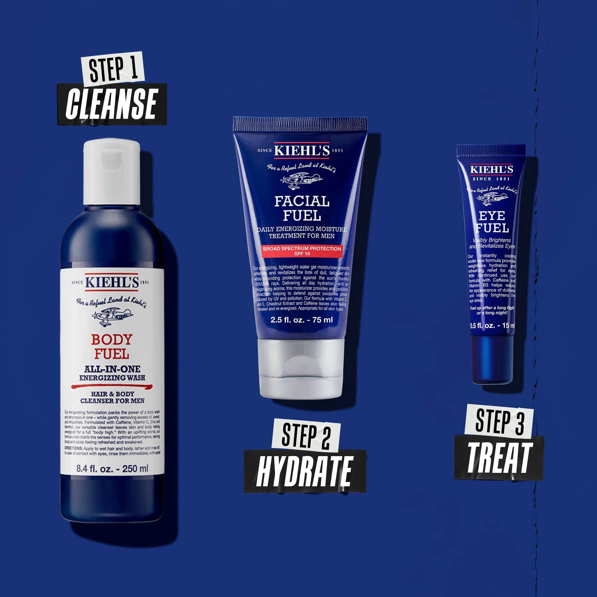 Tre-trins Body Fuel-rutine: Trin 1: Vask. Trin 2: Fugt med Facial Fuel Treatment. Trin 3: Facial Fuel Eye Fuel-øjencreme.