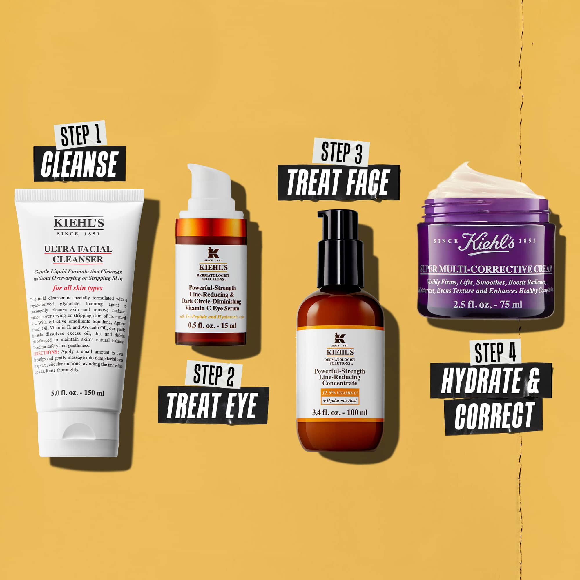 Fire Kiehl's produkter, der repraesenterer en hudplejerutine. Fra venstre mod højre: renseprodukt, øjencreme, Powerful-Strength Line-Reducing Concentrate og fugtighedscreme.
