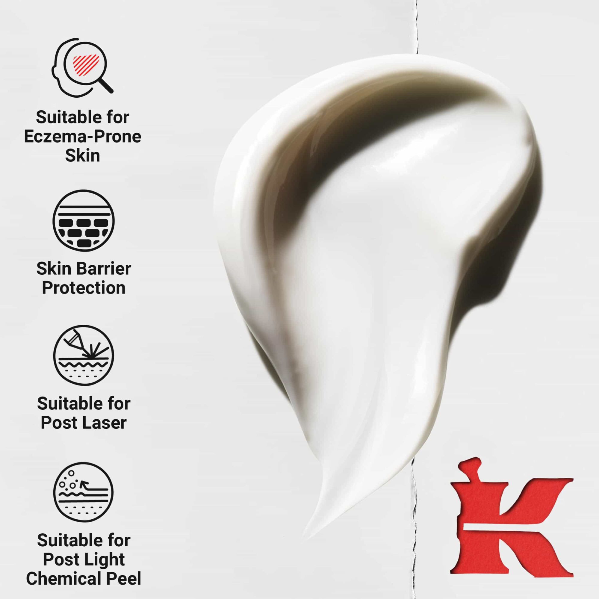 Dynamisk hvirvel af tyk creme; ikoner fremhaever fordele: velegnet til hud med tendens til eksem, barrierebeskyttelse, efter laserbehandling og efter let kemisk peeling.
