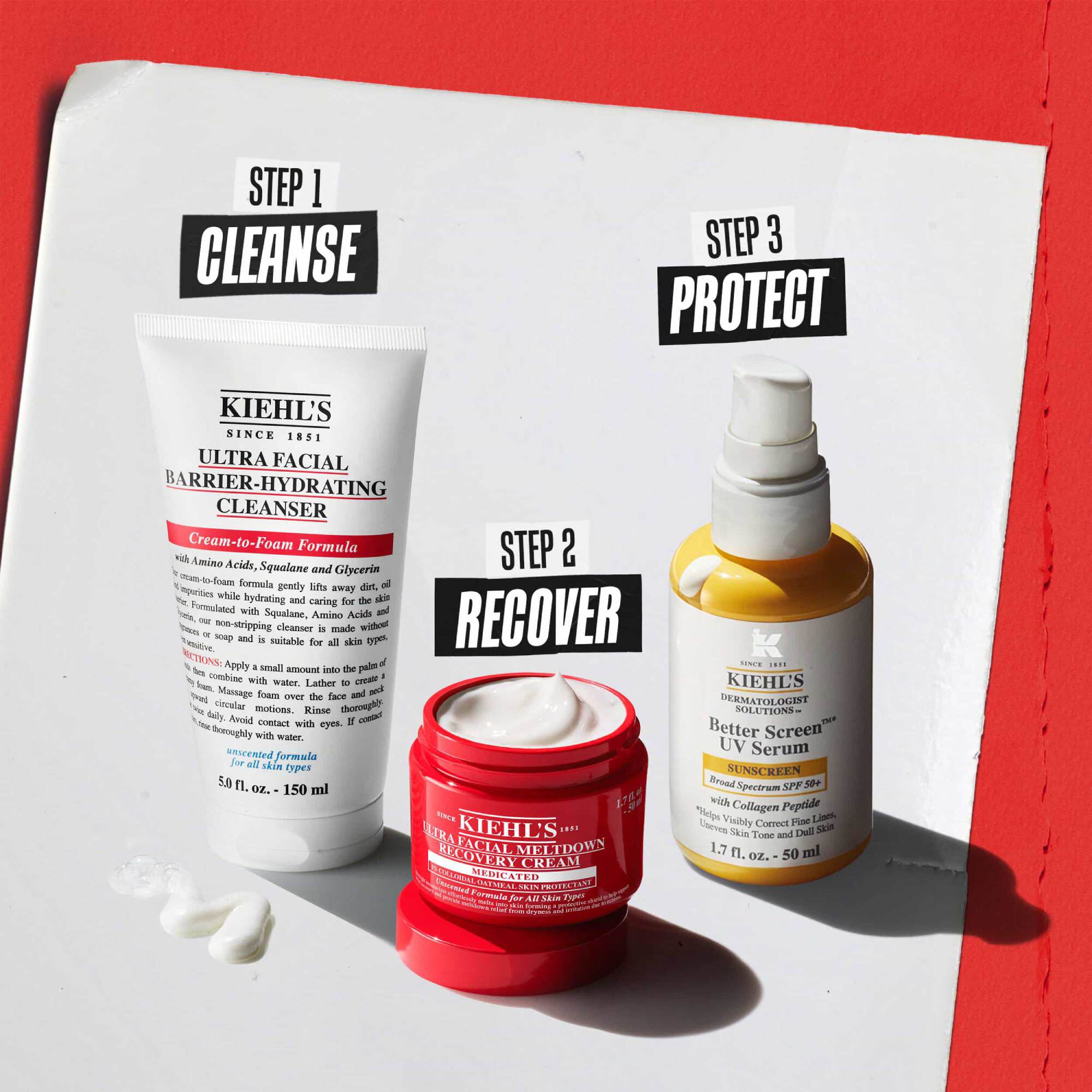 Tre Kiehl’s-produkter: Trin 1 Rens (Barrier-Hydrating Cleanser), Trin 2 Genopbyg (Meltdown Recovery Cream) og Trin 3 Beskyt (Better Screen UV Serum).