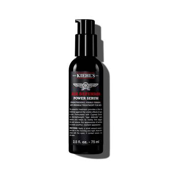 En 75 ml flaske med Kiehl's Age Defender Power Serum mod en hvid baggrund.
