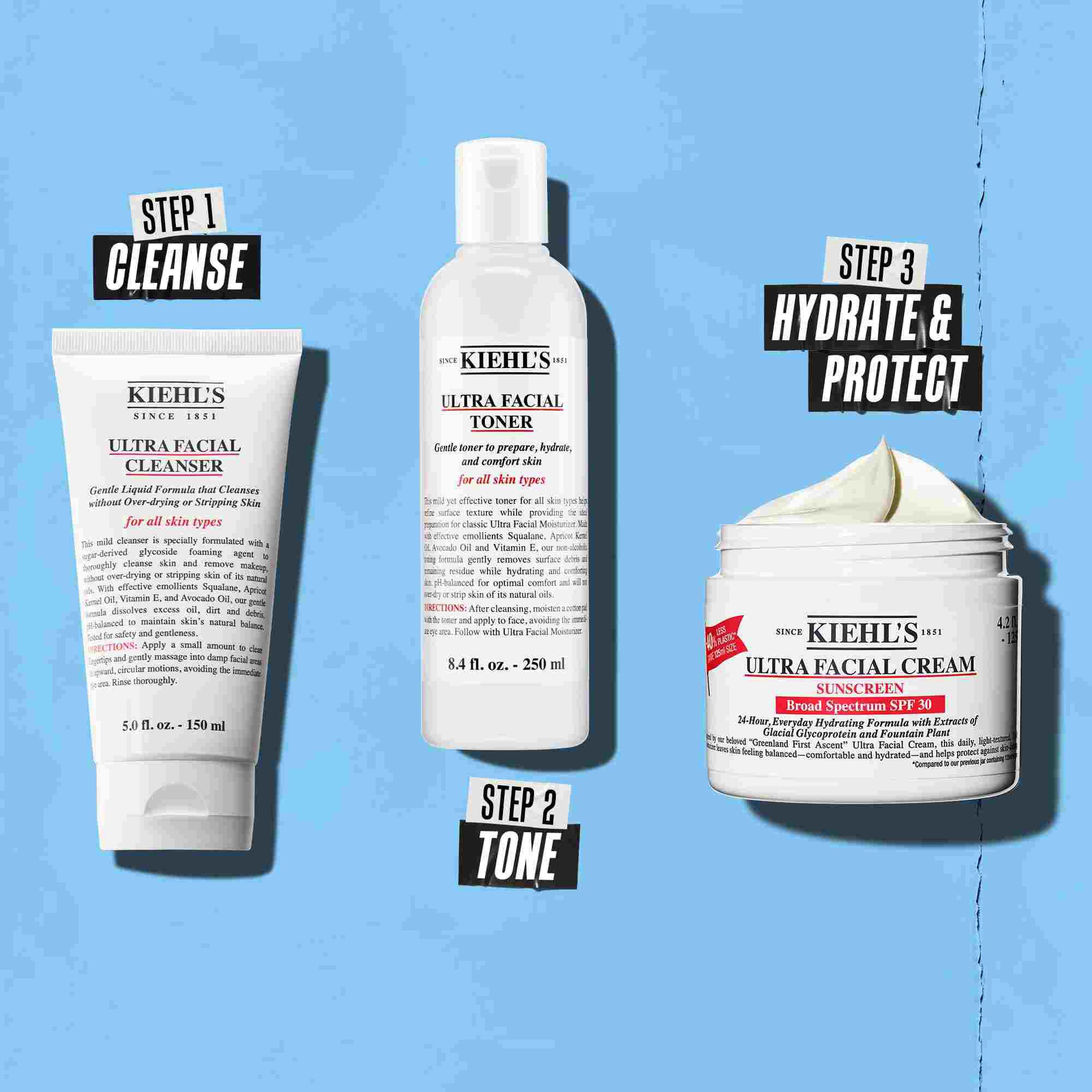 En tre-trins rutine med Kiehl's produkter. Trin 1: Ultra Facial Cleanser. Trin 2: Ultra Facial Toner. Trin 3: Ultra Facial Cream SPF 30.