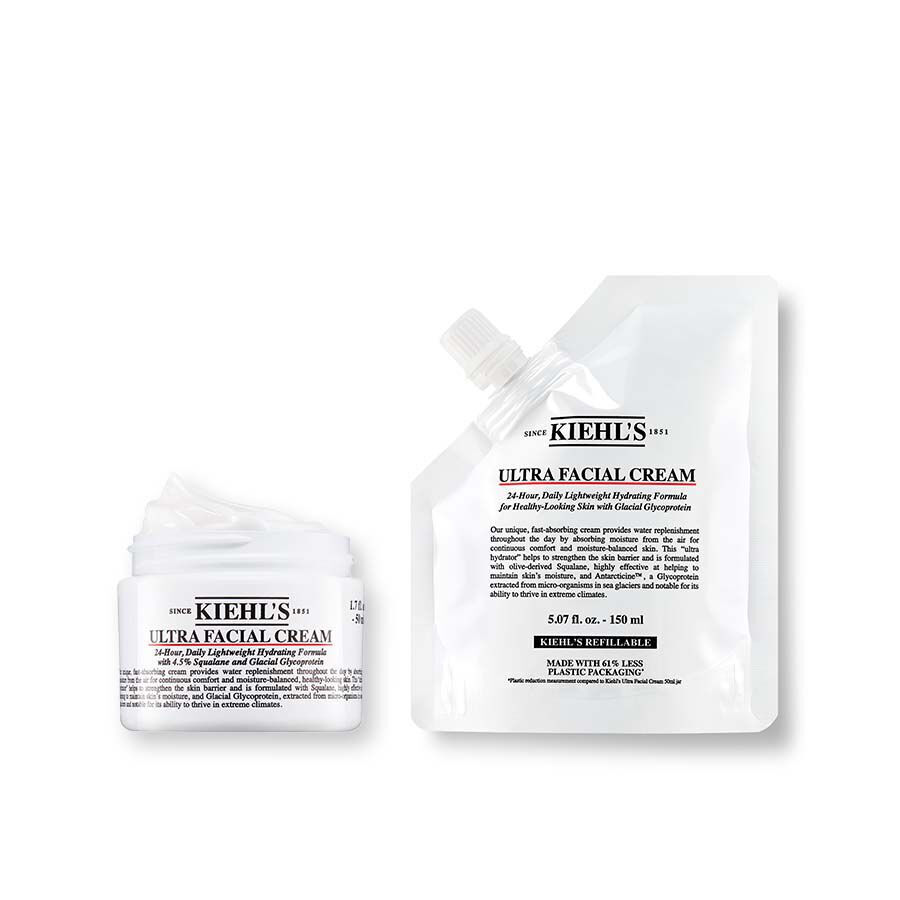 Åben krukke med Kiehl's Ultra Facial Cream ved siden af en 150 ml refill-pose.