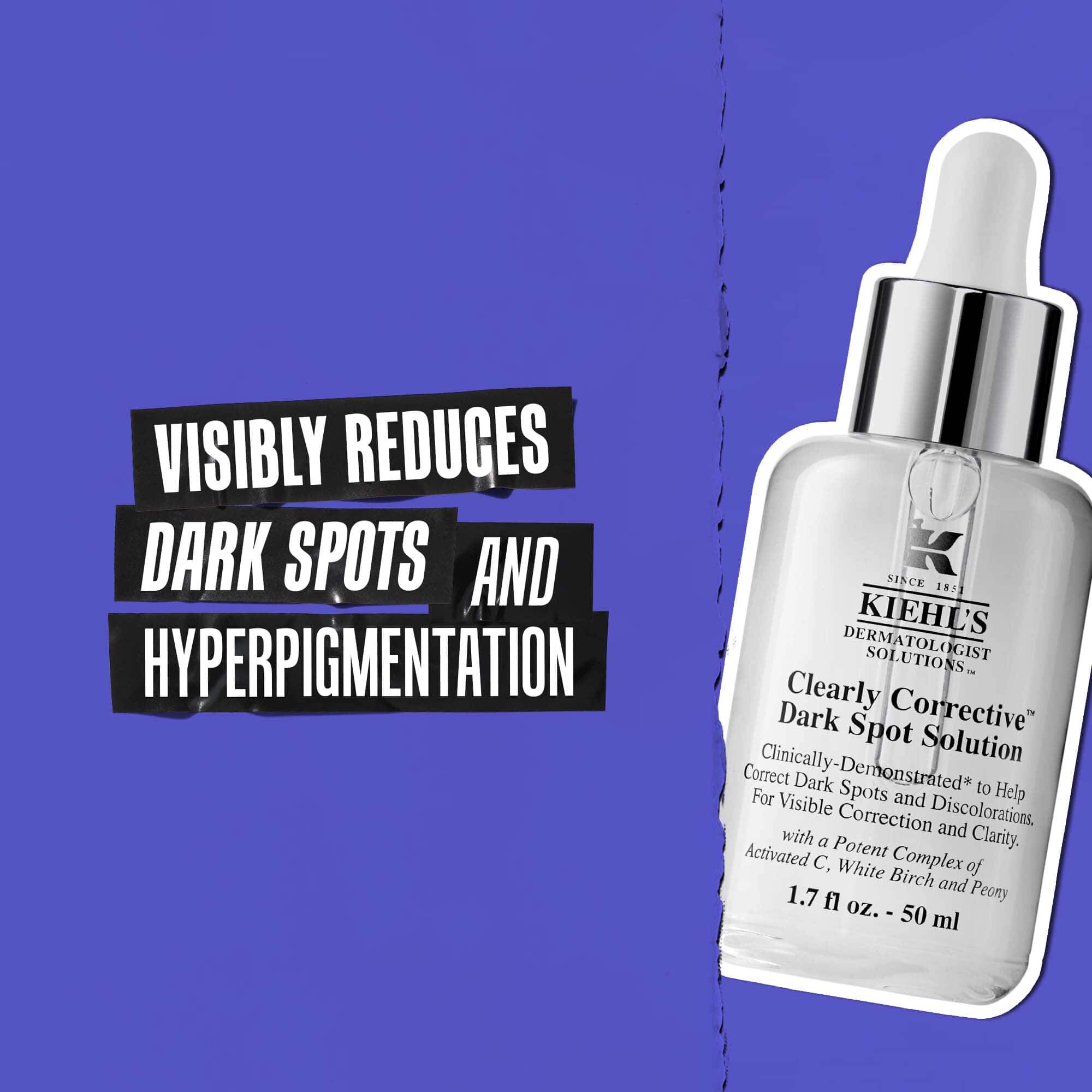 Flaske med Clearly Corrective Dark Spot Solution med tekst: Reducerer synligt mørke pletter og hyperpigmentering.