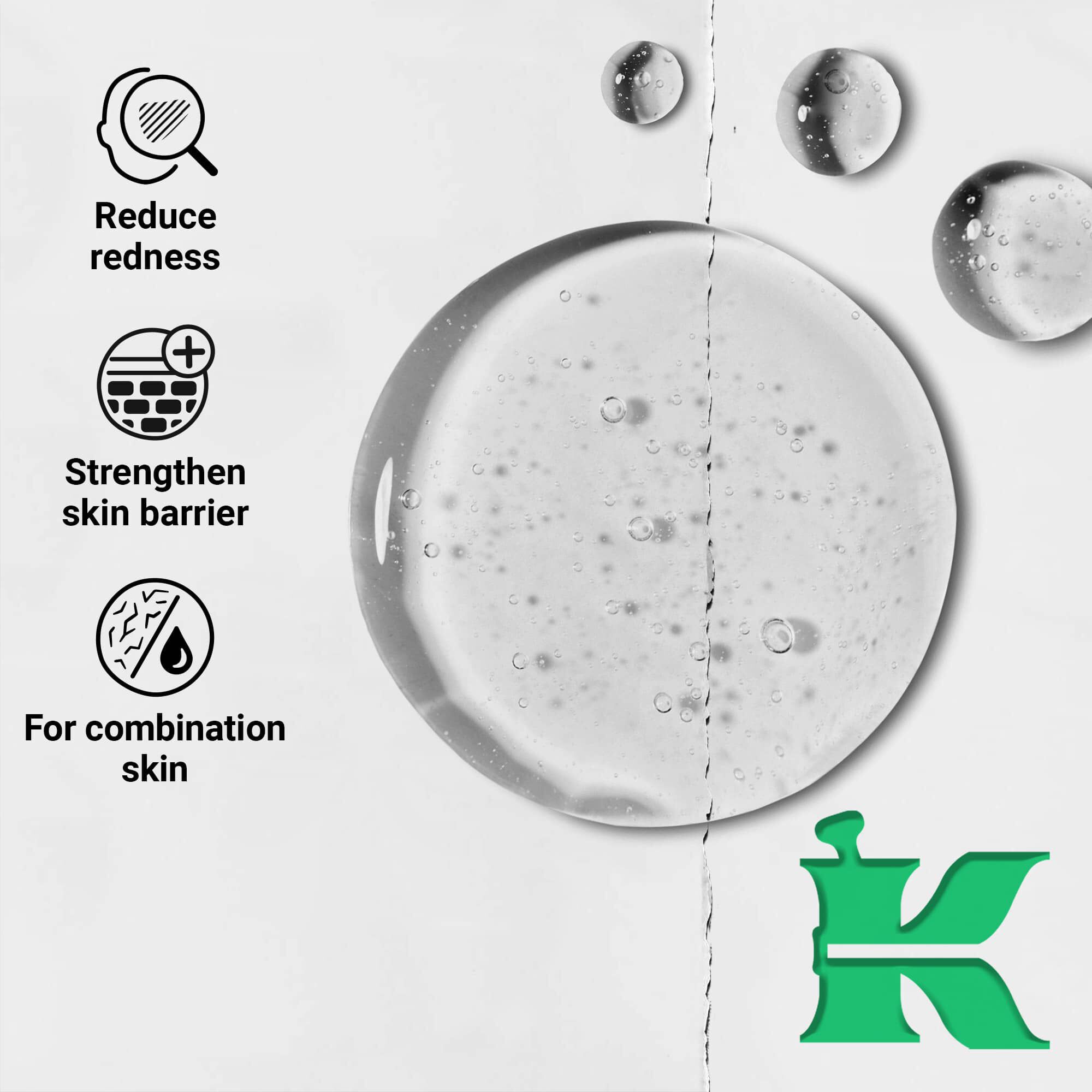 Foto af konsistens med ikoner: reducerer rødme, styrker hudbarrieren, til kombineret hud