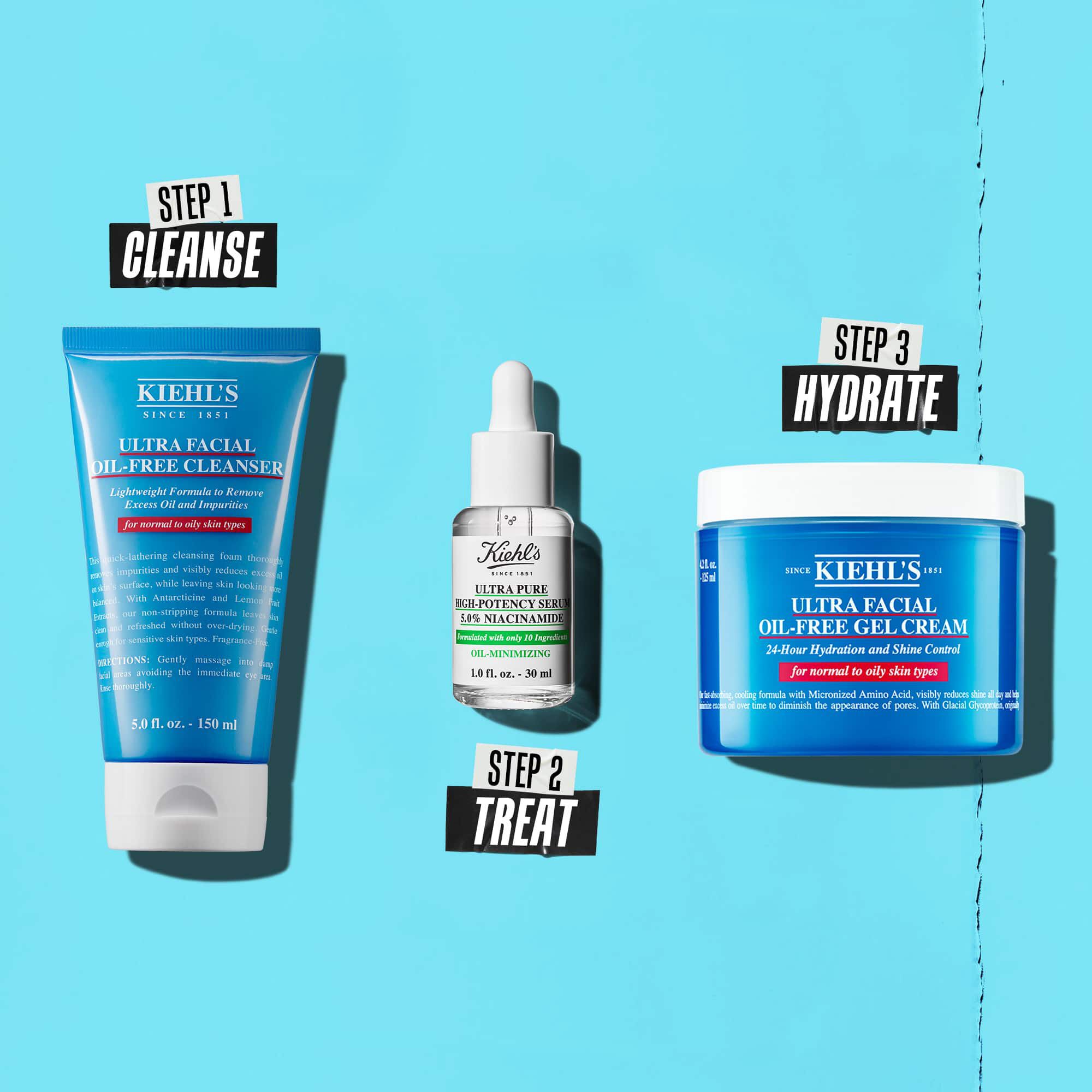 En tre-trins rutine med Kiehl's produkter. Trin 1: Ultra Facial Oil-Free Cleanser. Trin 2: Niacinamid Serum. Trin 3: Ultra Facial Oil-Free Gel Cream.