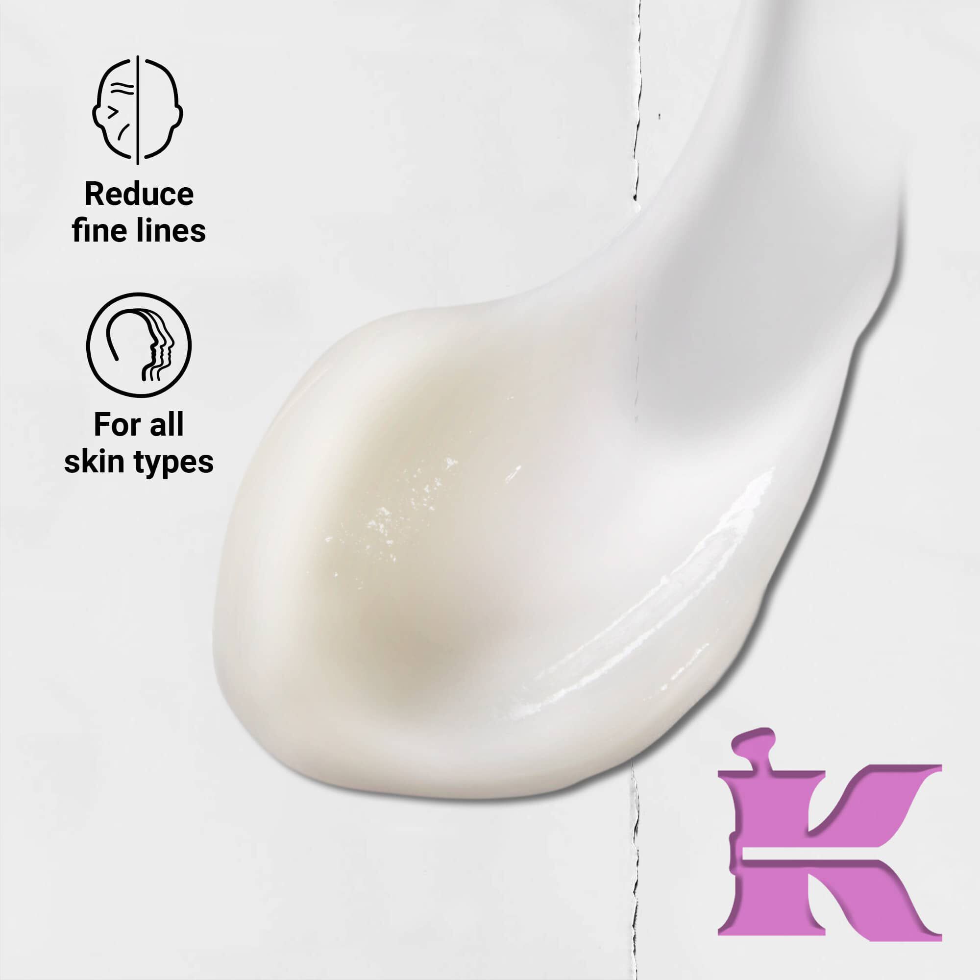 Foto af konsistens med ikoner: reducerer fine linjer og er formuleret til alle hudtyper