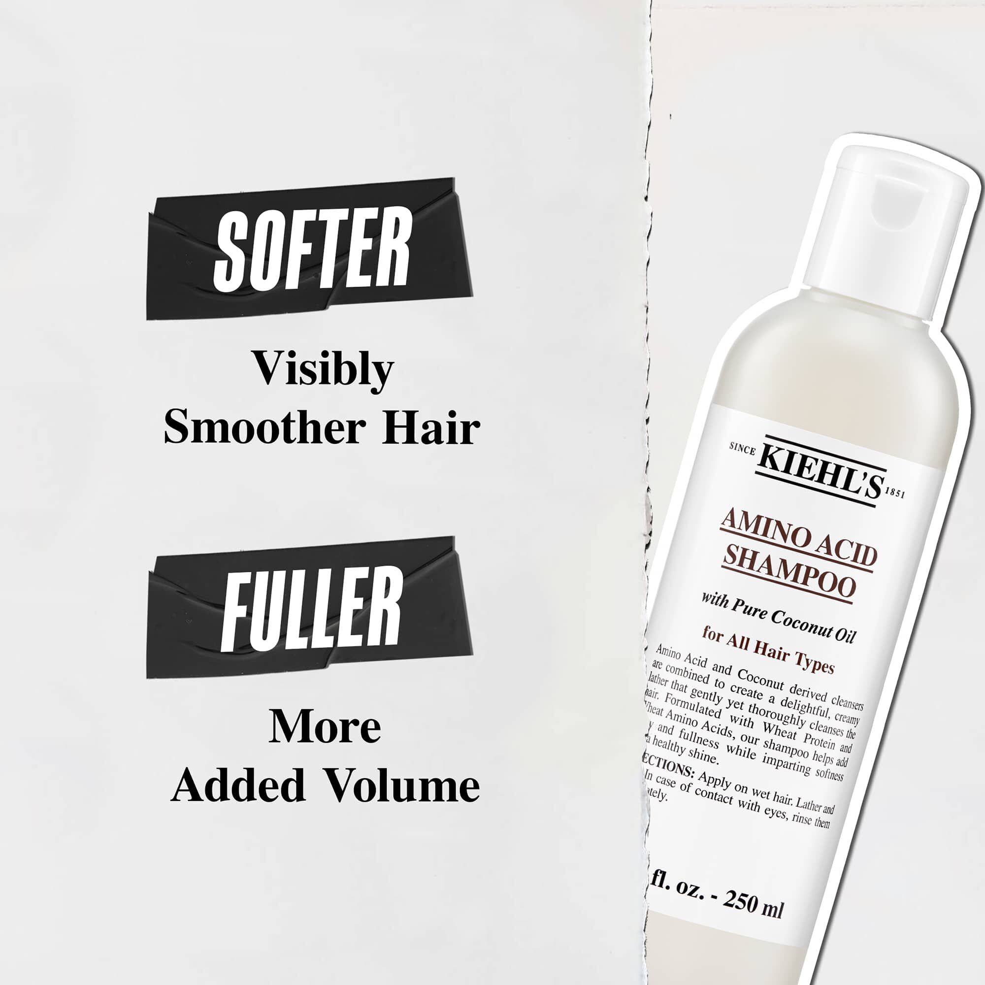 Kiehl's Amino Acid Shampoo-flaske med fordele: "Blødere, synligt glattere hår" og "Fyldigere hår med mere volumen"