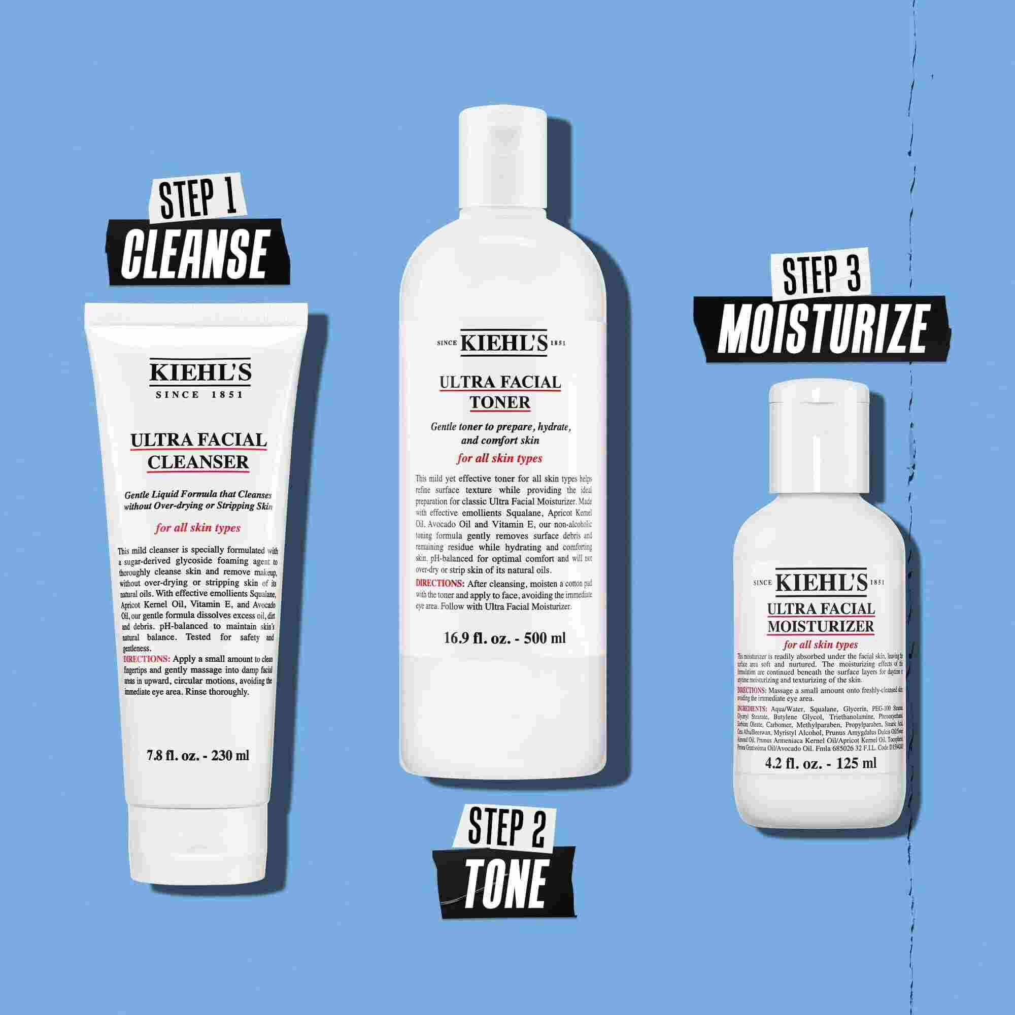 Illustration af Kiehl's Ultra Facial Moisturizer-rutine – rens, tone, fugt