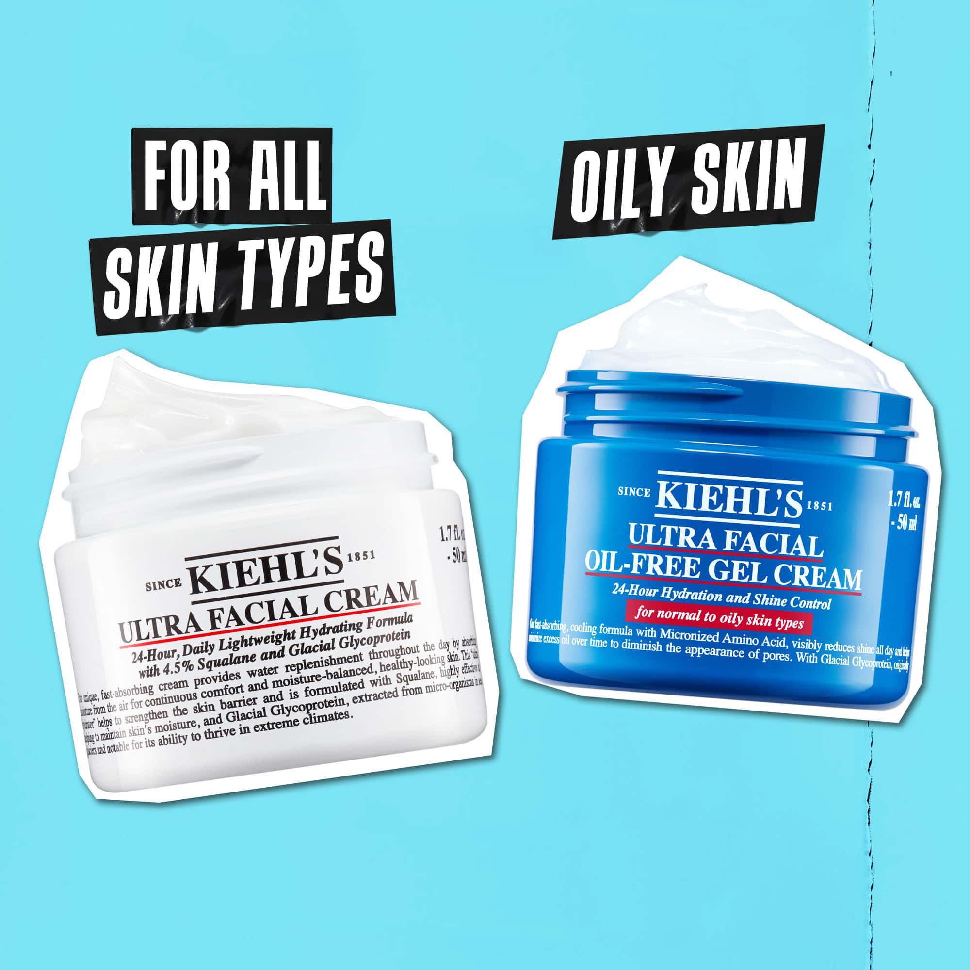 To Kiehl's krukker vist side om side på en blå baggrund. Ultra Facial Cream er maerket "Til alle hudtyper", og Ultra Facial Oil-Free Gel Cream er maerket "Fedtet hud".