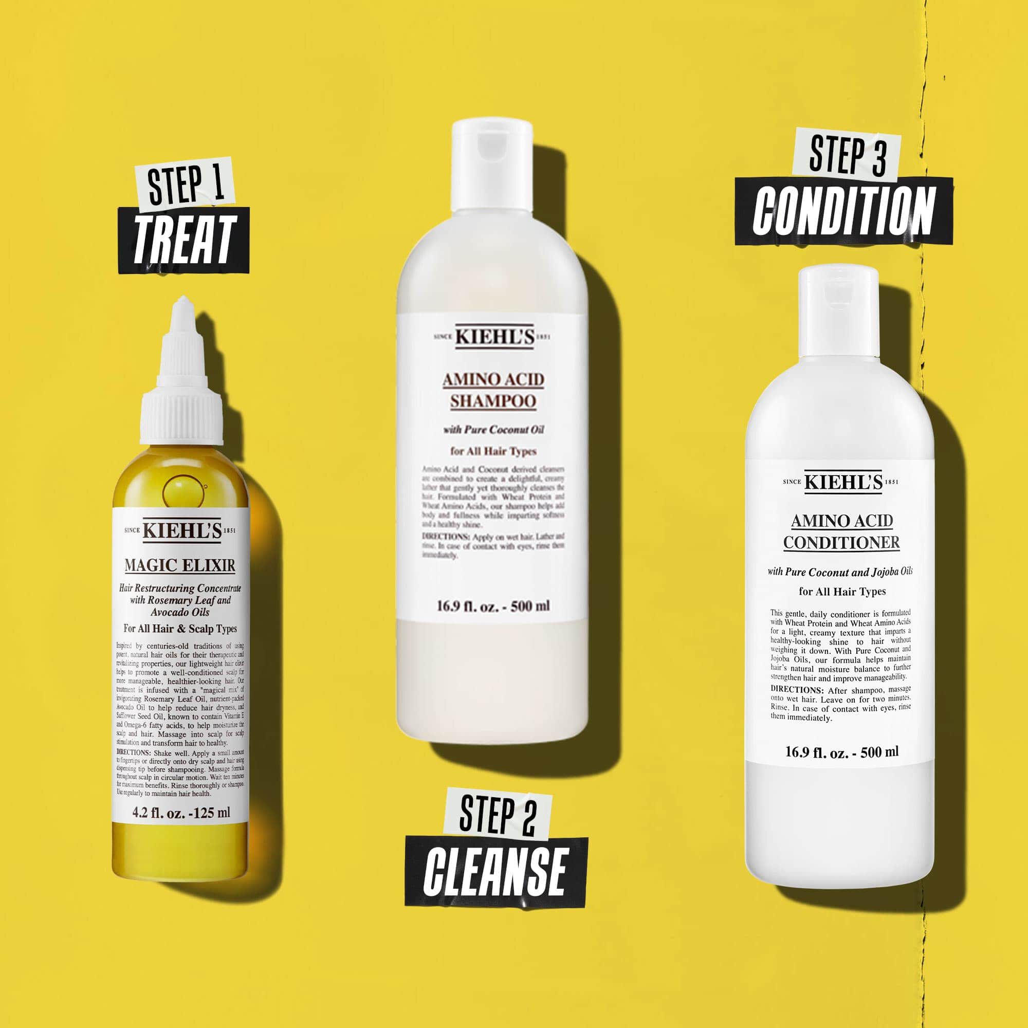En tre-trins hårrutine med Kiehl's produkter. Trin 1: Magic Elixir Hair Oil. Trin 2: Amino Acid Shampoo. Trin 3: Amino Acid Conditioner. Teksten angiver hvert trin som henholdsvis "Pleje", "Rens" og "Balsam".