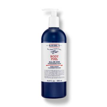 En flaske Kiehl's Body Fuel All-In-One Energizing Wash mod en hvid baggrund.
