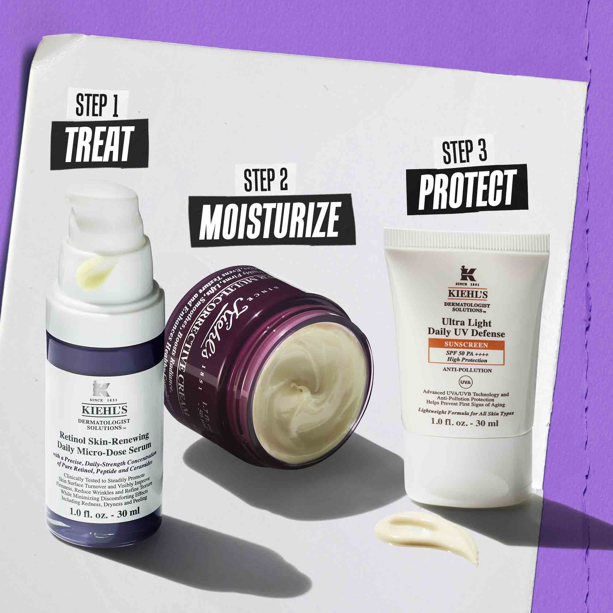 Illustration af rutine med Retinol Skin Renewing Daily Microdose – Rens, Behandl, Behandl øjne, Beskyt