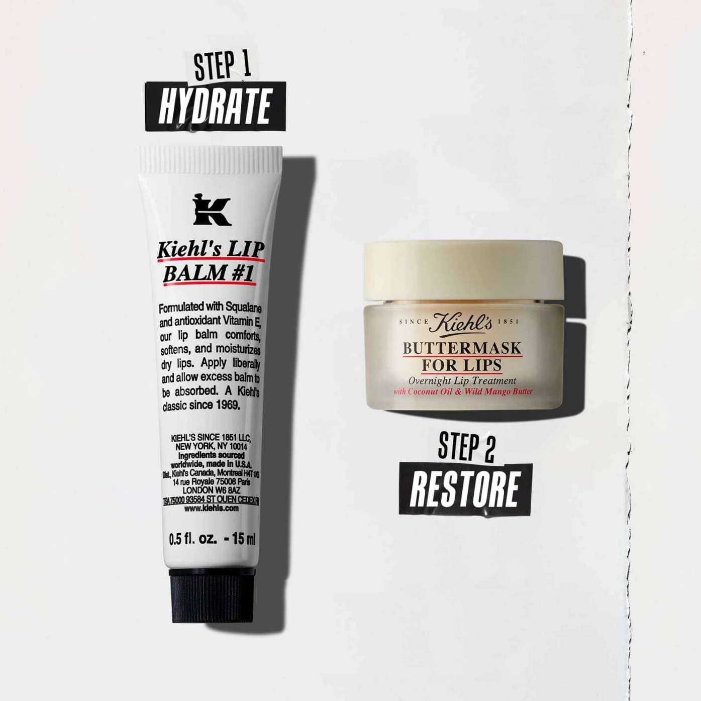 En to-trins rutine med Lip Balm #1 til hydrering og Butter Mask til genopbygning.