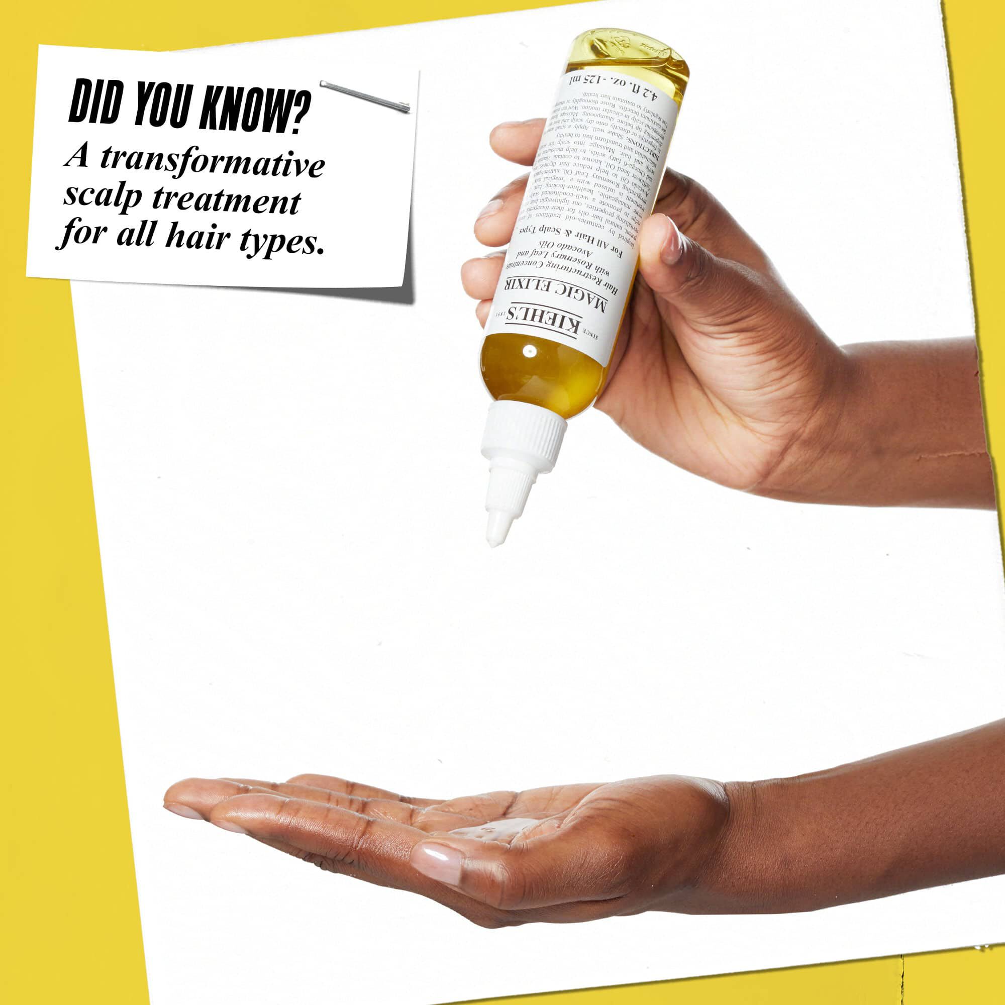 En hånd, der doserer Magic Elixir Hair Oil over på en anden hånd. Teksten lyder: "Vidste du det? En transformerende hovedbundsbehandling til alle hårtyper."