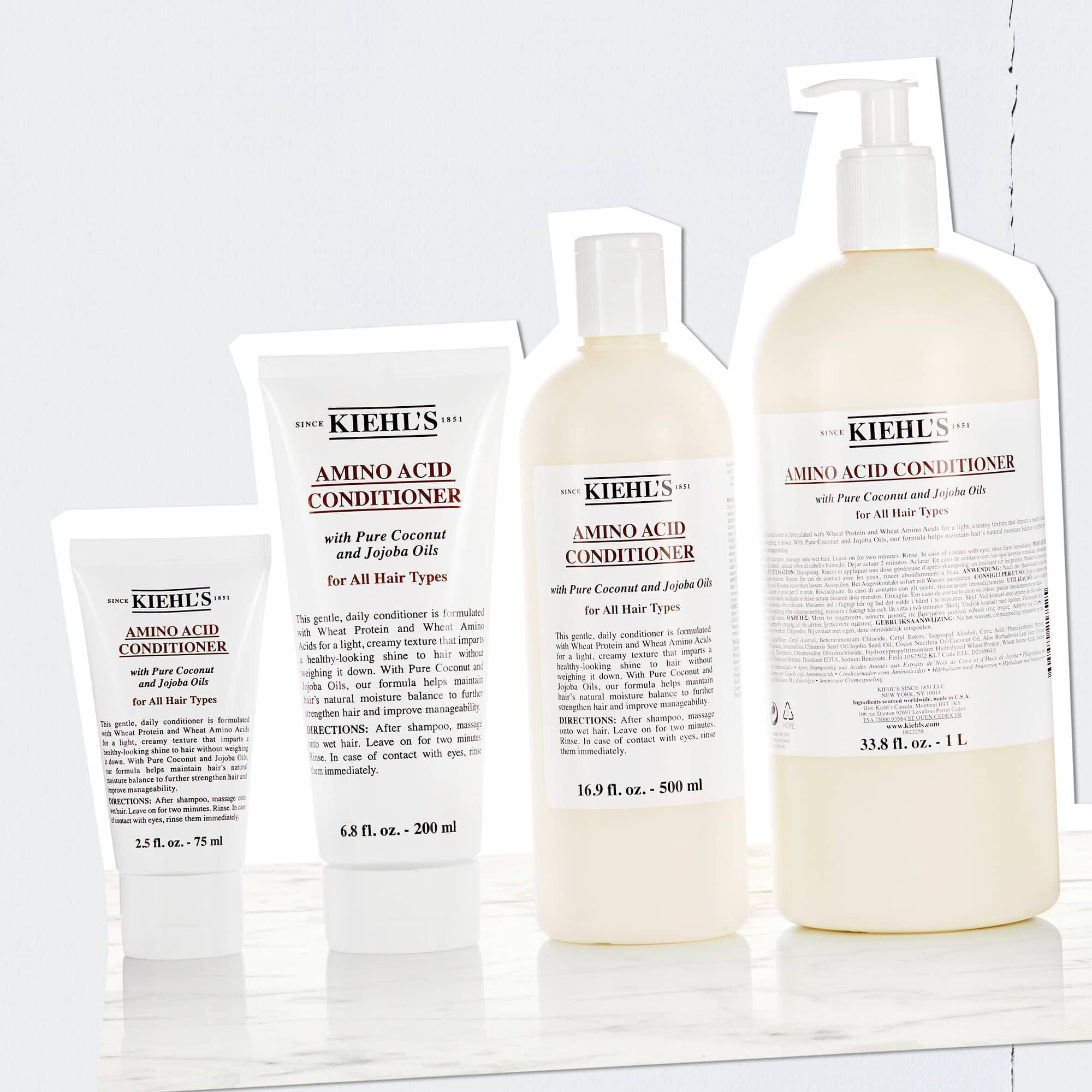 Kiehl's Amino Acid Conditioner flasker i størrelser fra 2,5 fl. oz. – 75 ml til 33,8 fl. oz. – 1 L