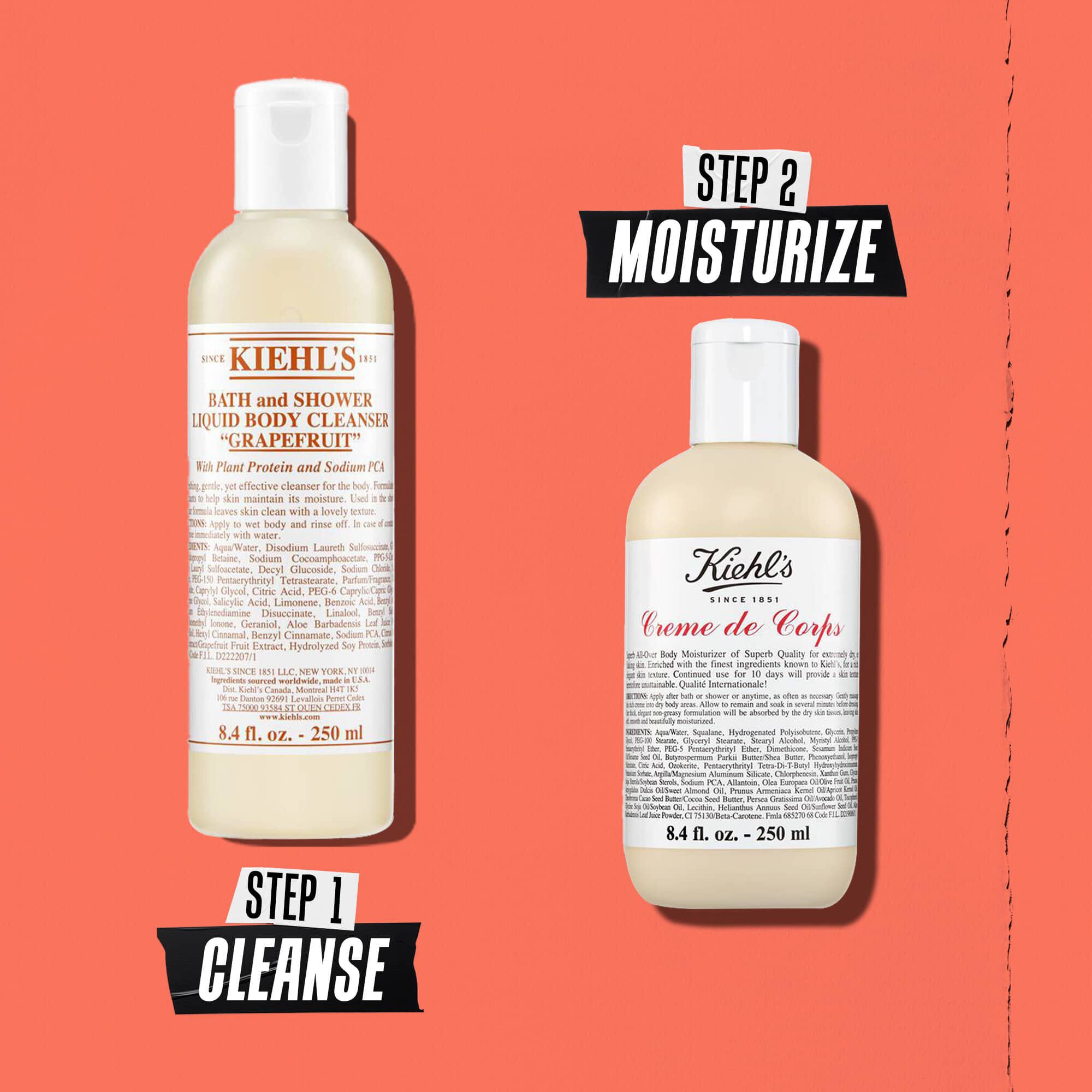 Illustration af rutine med Kiehl's Grapefruit Body Cleanser – Rens, Fugt