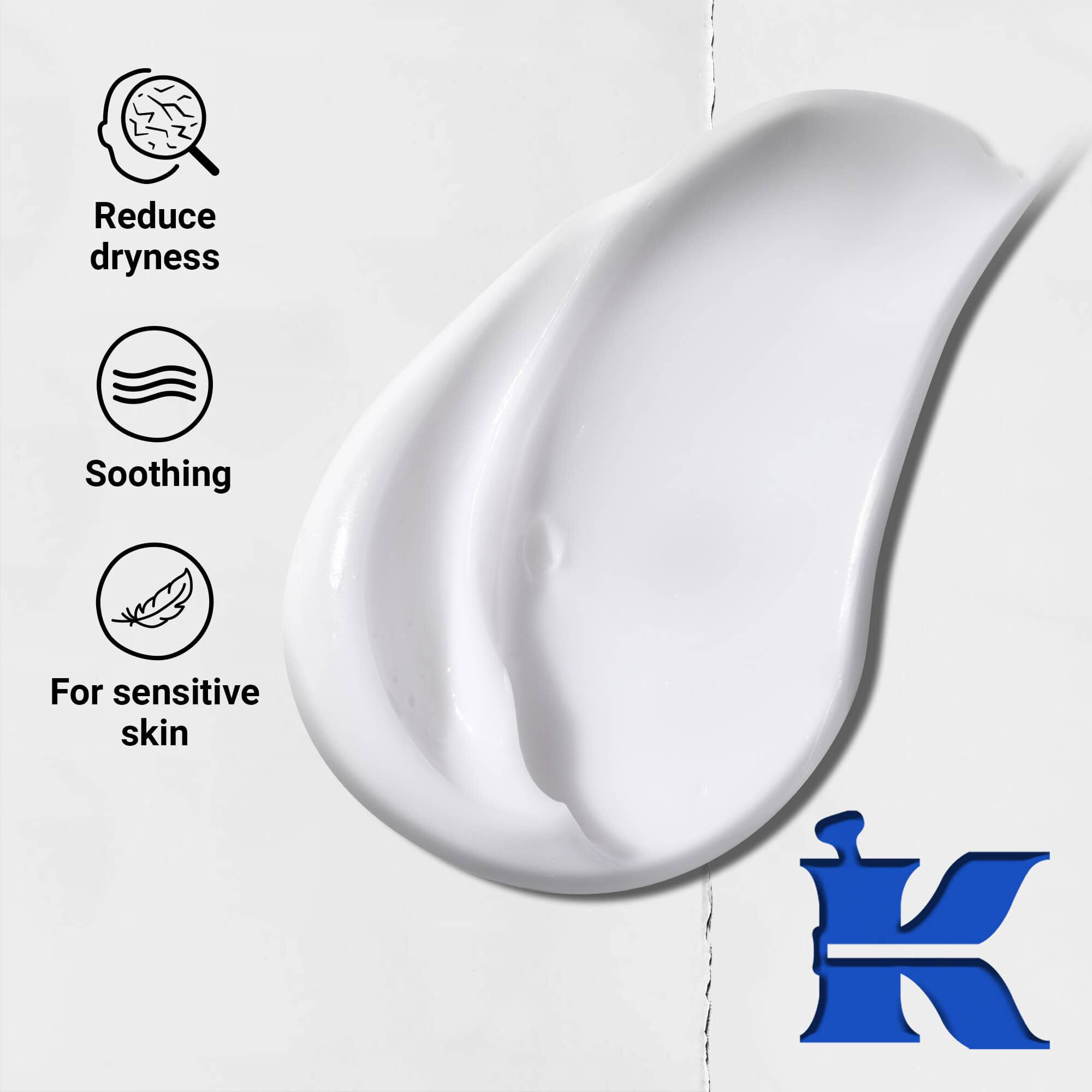Foto af konsistens med ikoner: reducerer tørhed, er beroligende og er formuleret til følsom hud