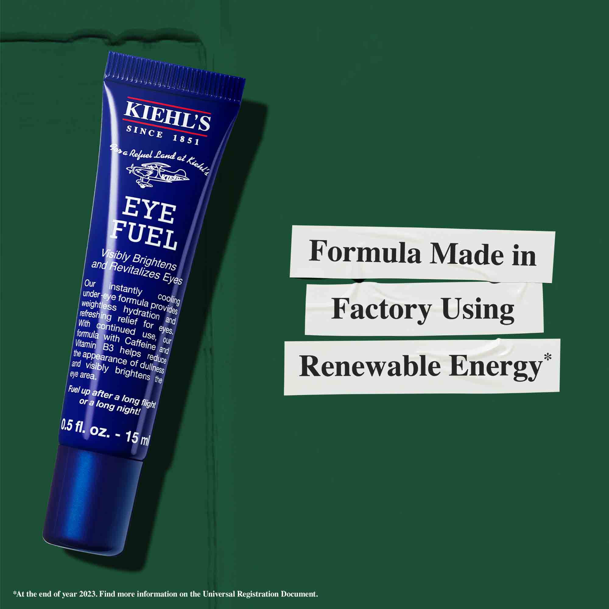 Tube med Facial Fuel Eye Fuel med tekst, der fremhaever baeredygtighed: "Formel produceret på en fabrik, der bruger vedvarende energi."