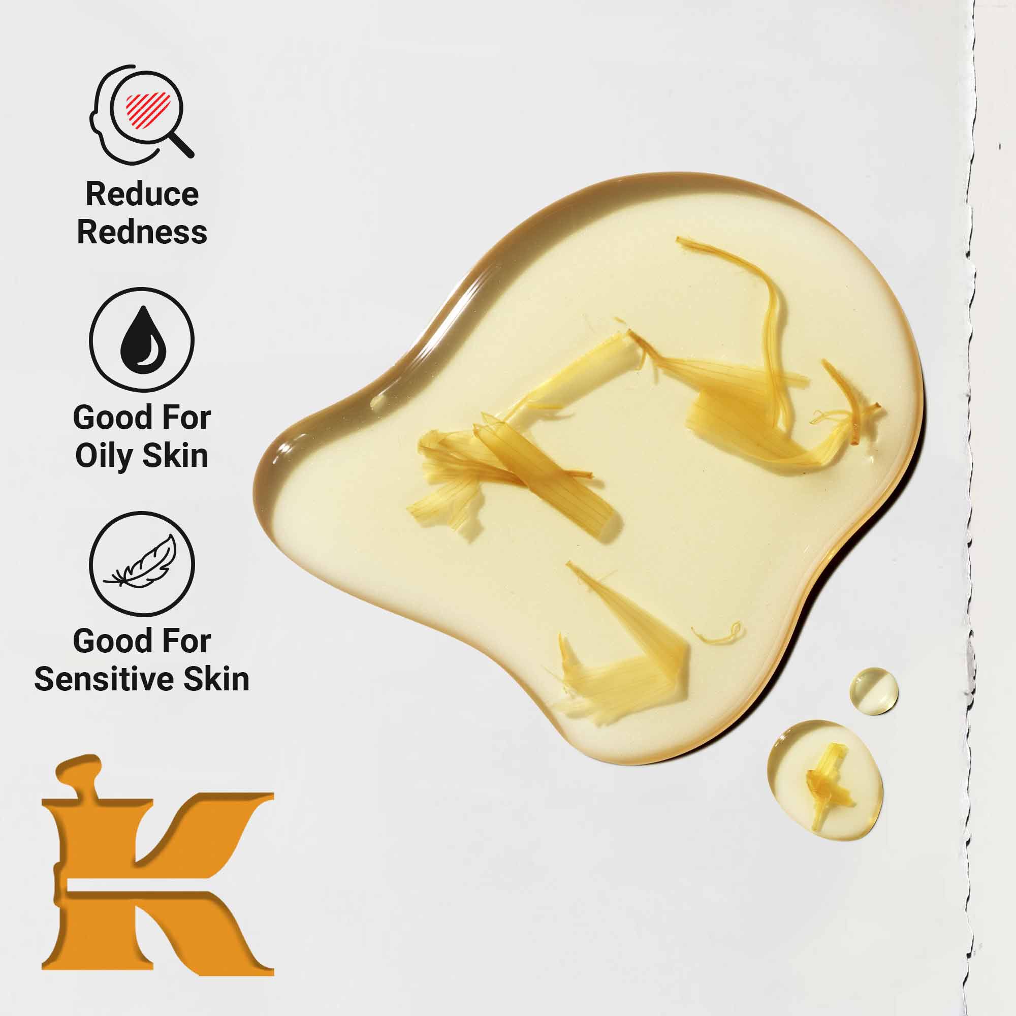 Taetbillede af Calendula Herbal-Extract Toner-konsistens med et strøg af vaeske infuseret med morgenfrueblade. Tekst fremhaever fordele ved at reducere rødme og egnethed til fedtet og følsom hud.