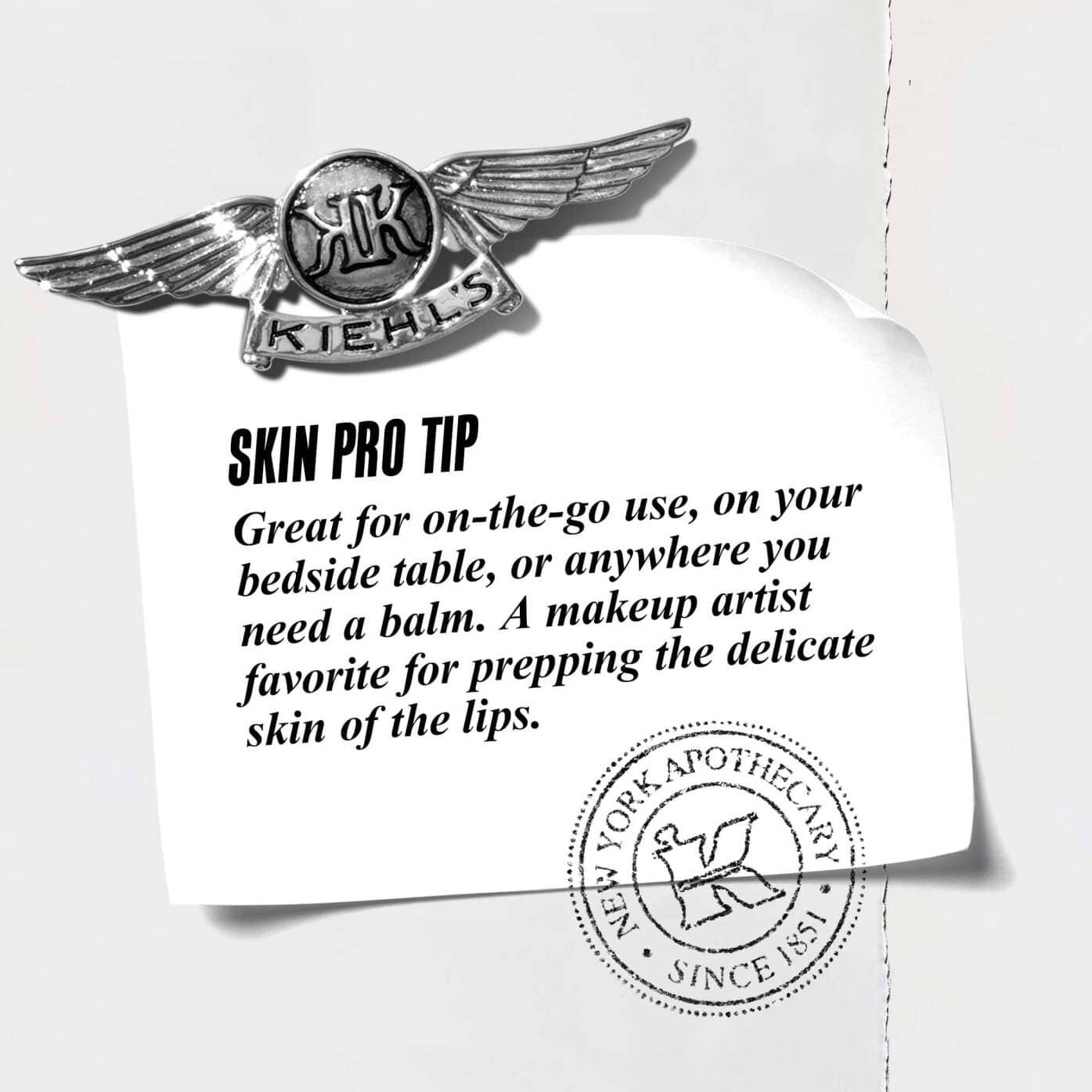 En grafik med teksten "Skin Pro Tip: Fantastisk til brug på farten, på natbordet eller hvor som helst, du har brug for en laebepomade. En favorit blandt makeupartister til at forberede den sarte hud på laeberne."